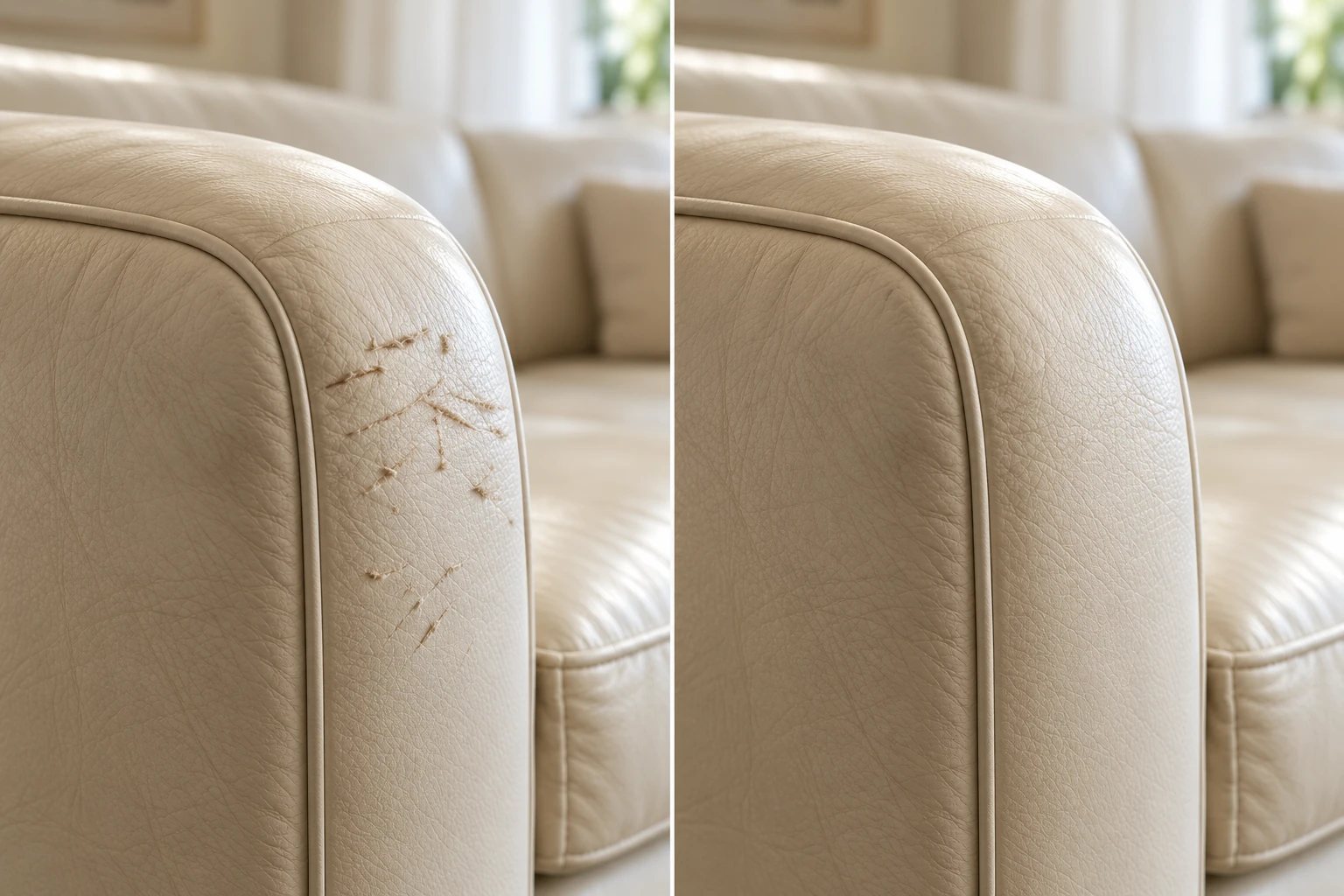 Cream leather sofa arm scratched through the topcoat, before and after repair