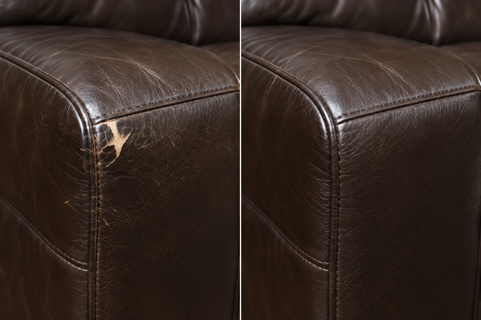 Scratching torn through a dark brown leather arm, before and after repair