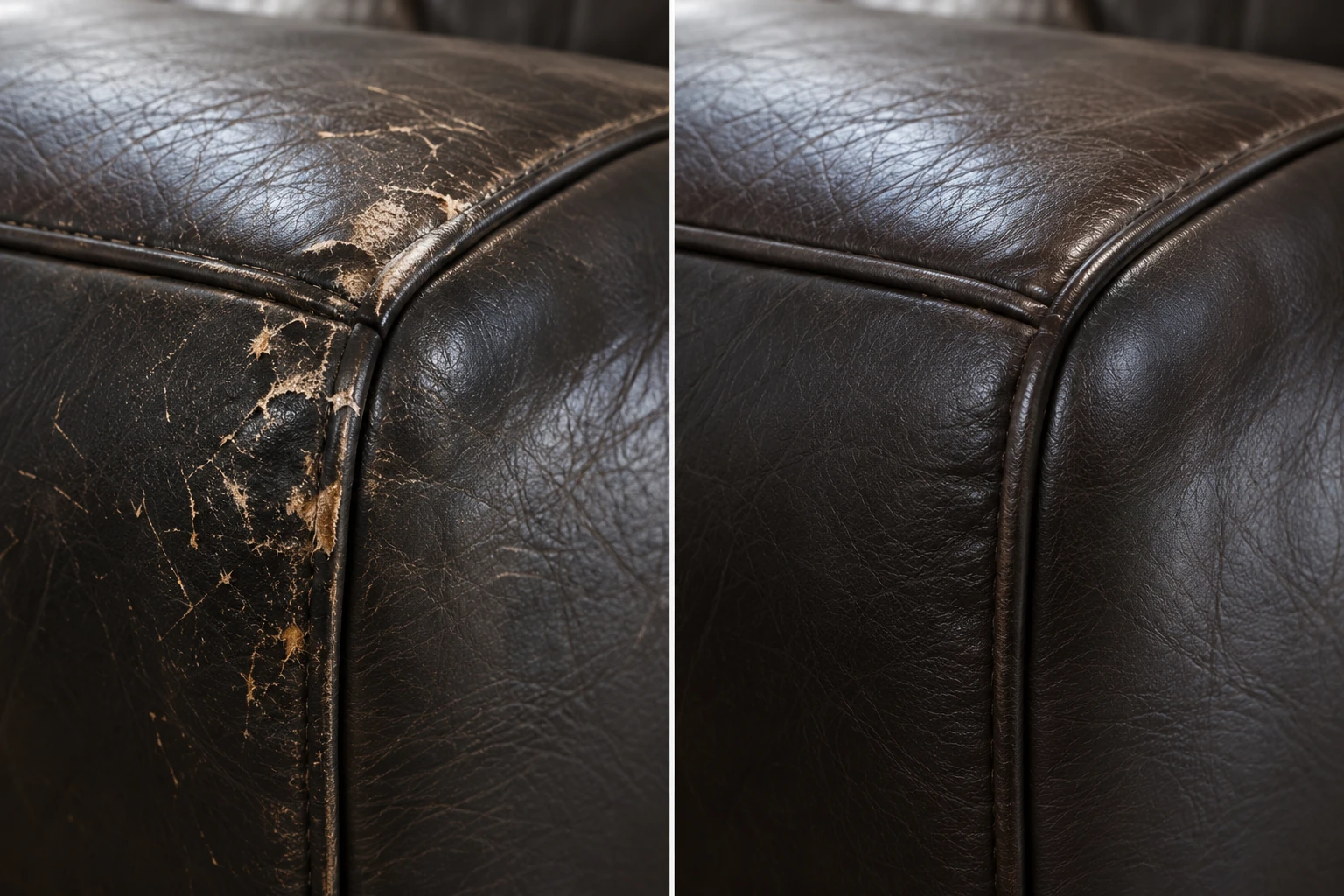 Espresso leather corner scratched and flaking, before and after repair