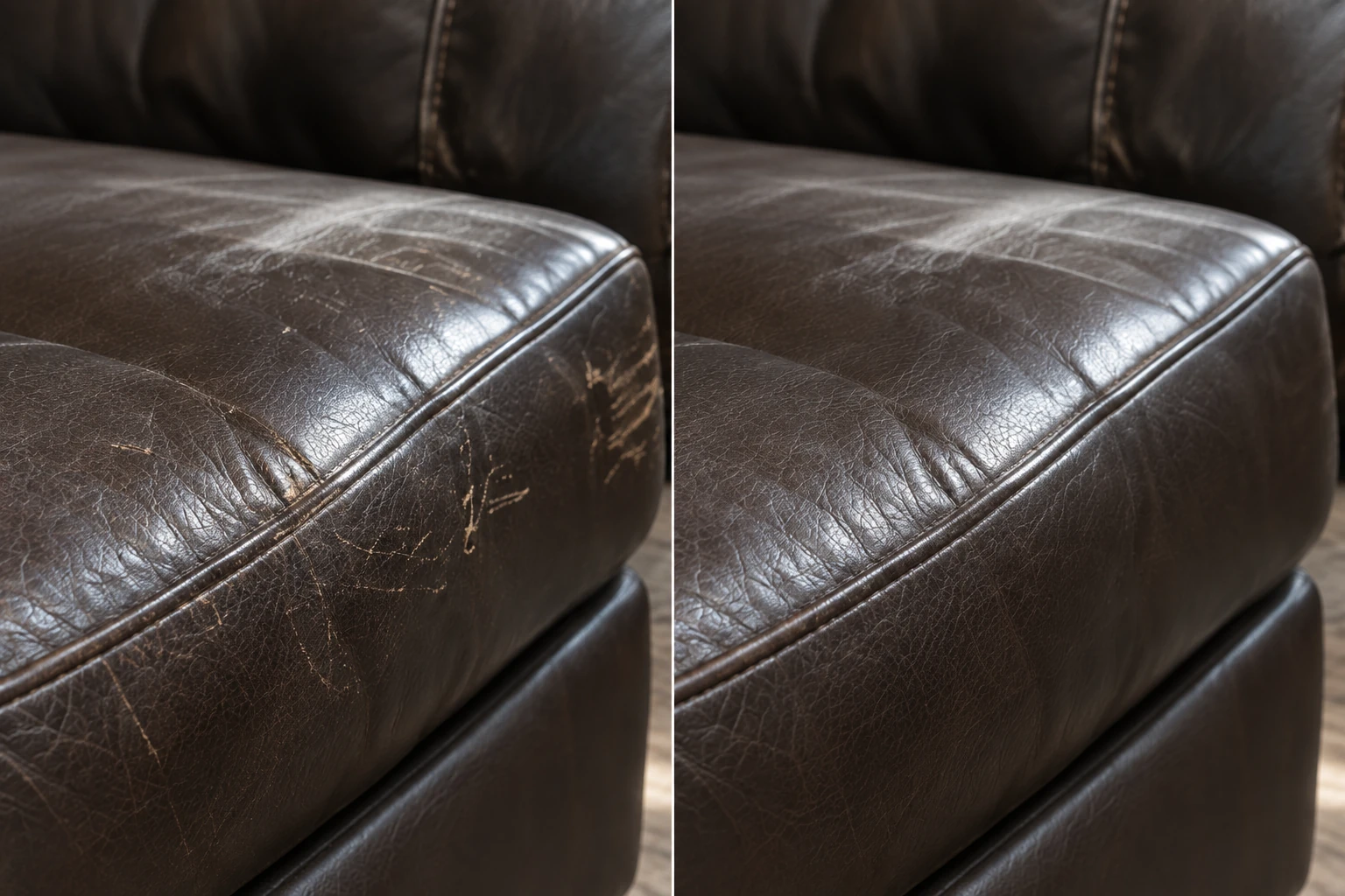 Espresso sofa arm with scratches before and after