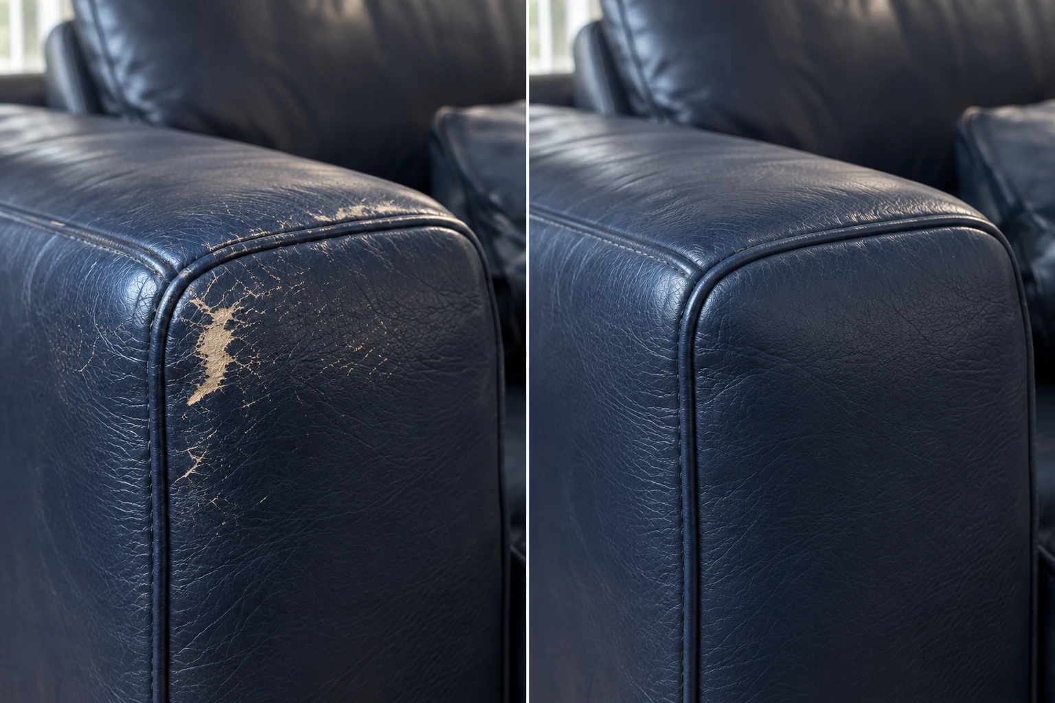 Navy sofa arm scratch tear before and after