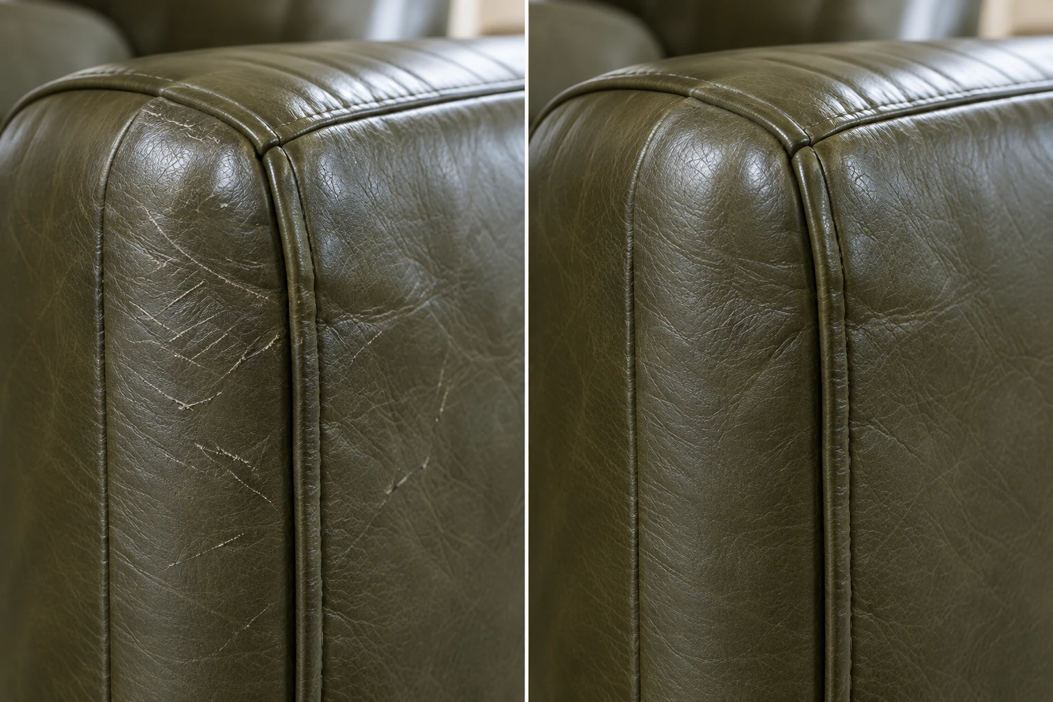 Scratched olive sofa arm before and after