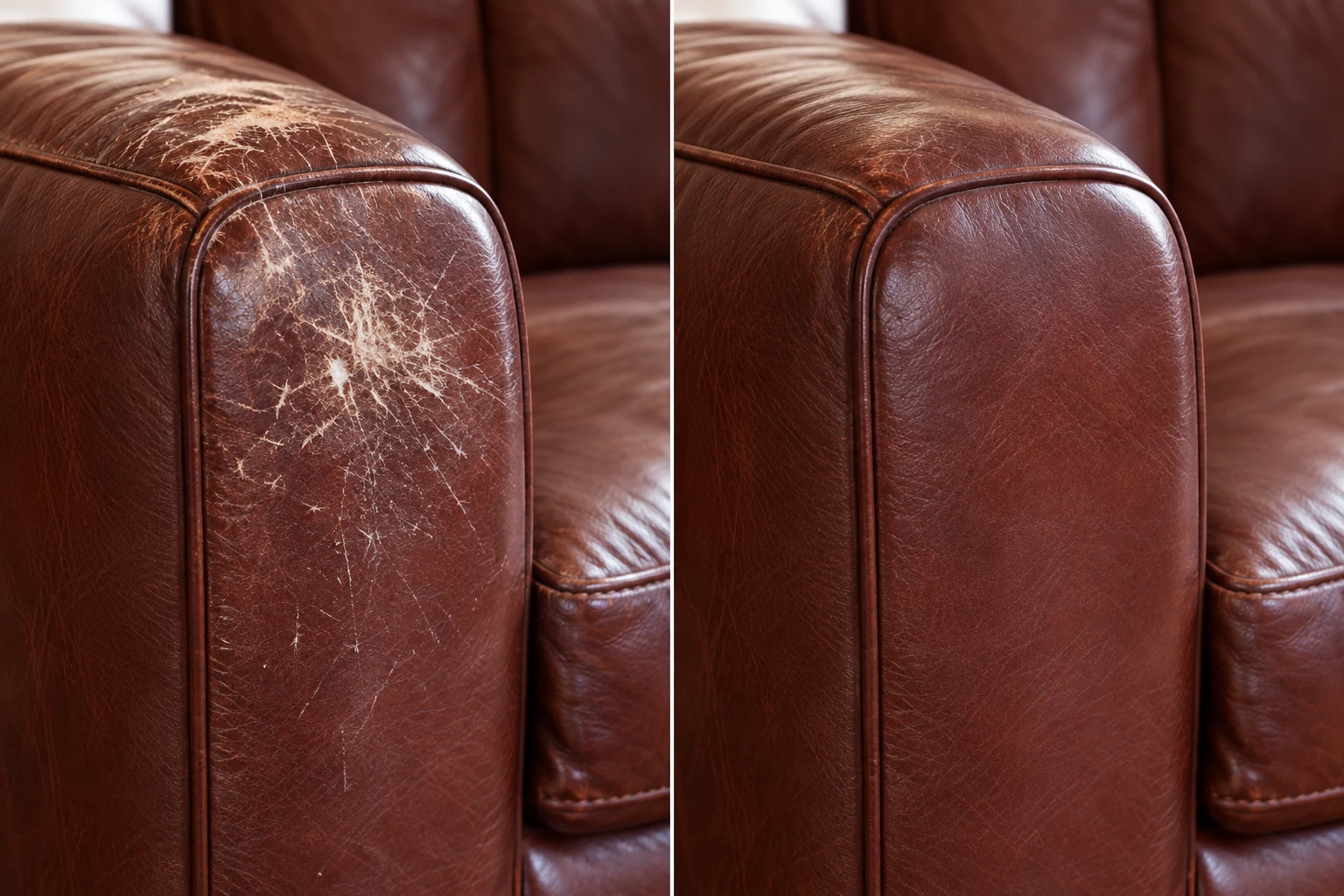 Cat scratches on an oxblood arm before and after