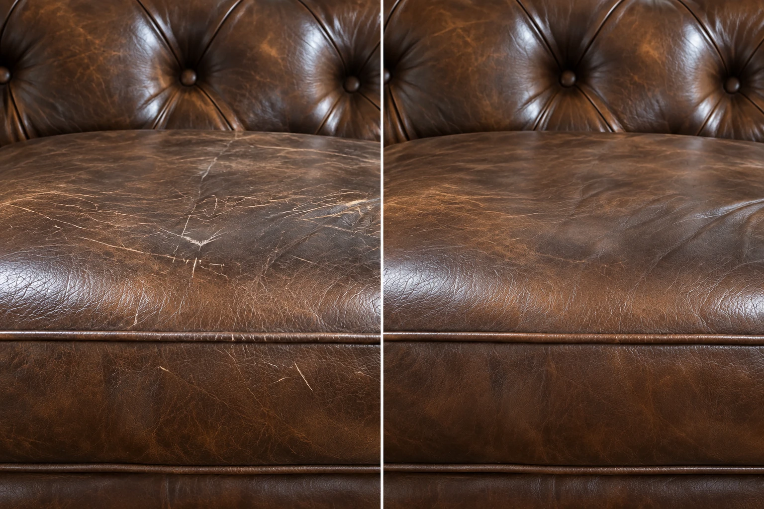 Tufted brown leather seat before and after cat scratch repair