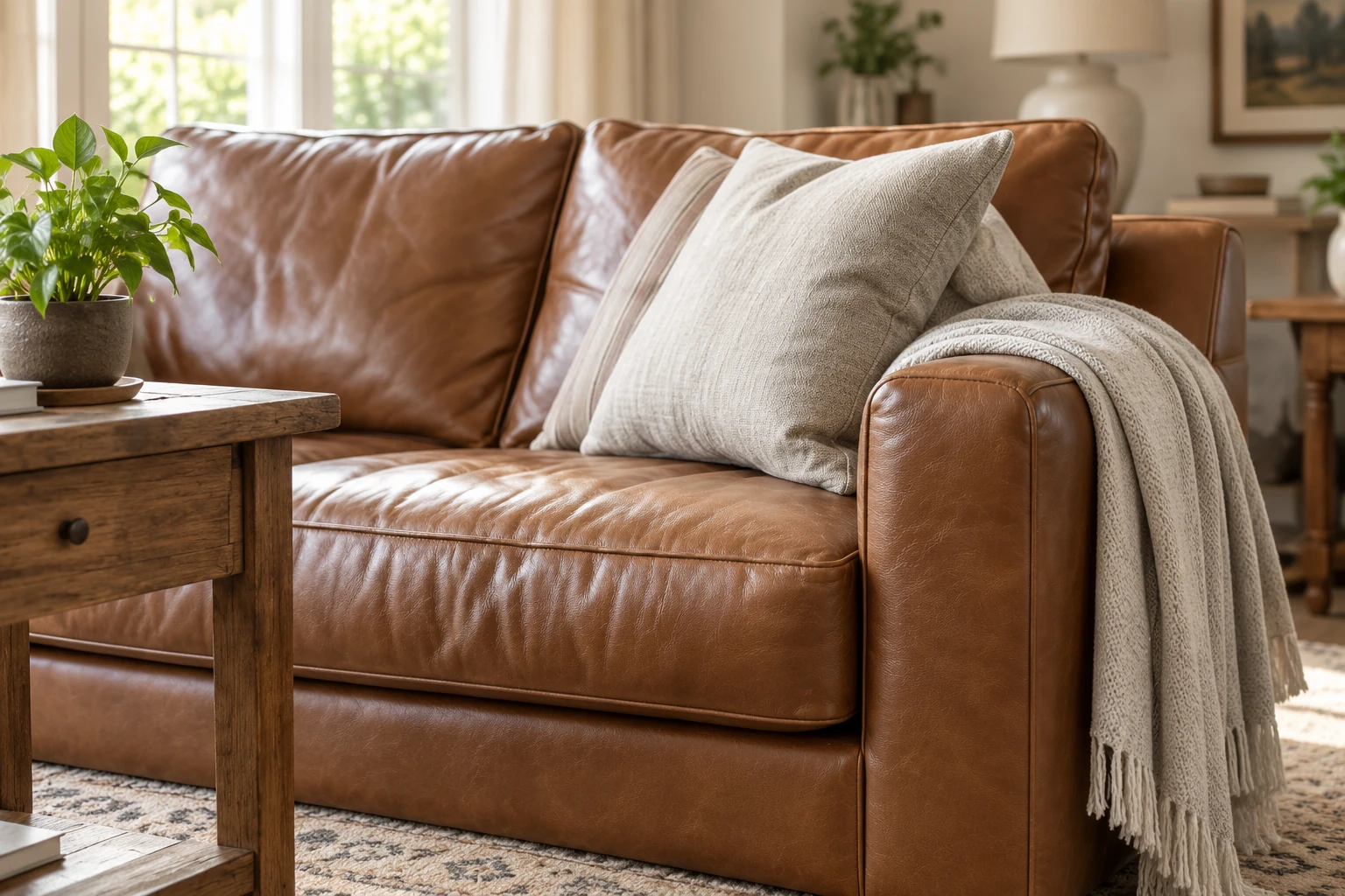 Washable throw over a leather sofa arm