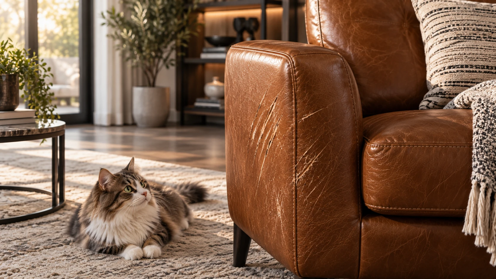 Cat beside a scratched leather sofa