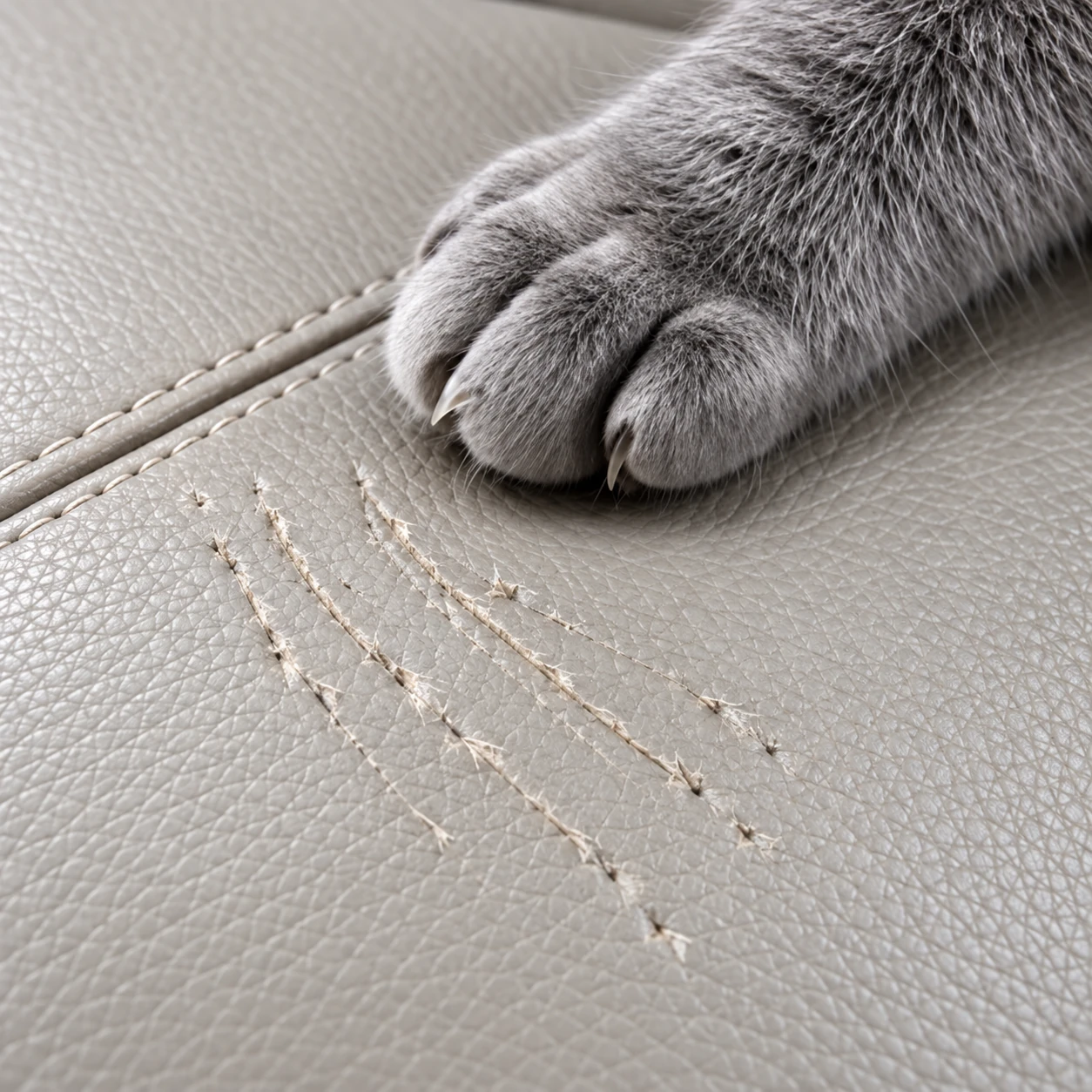 A cat paw beside claw scratch marks on pale leather upholstery