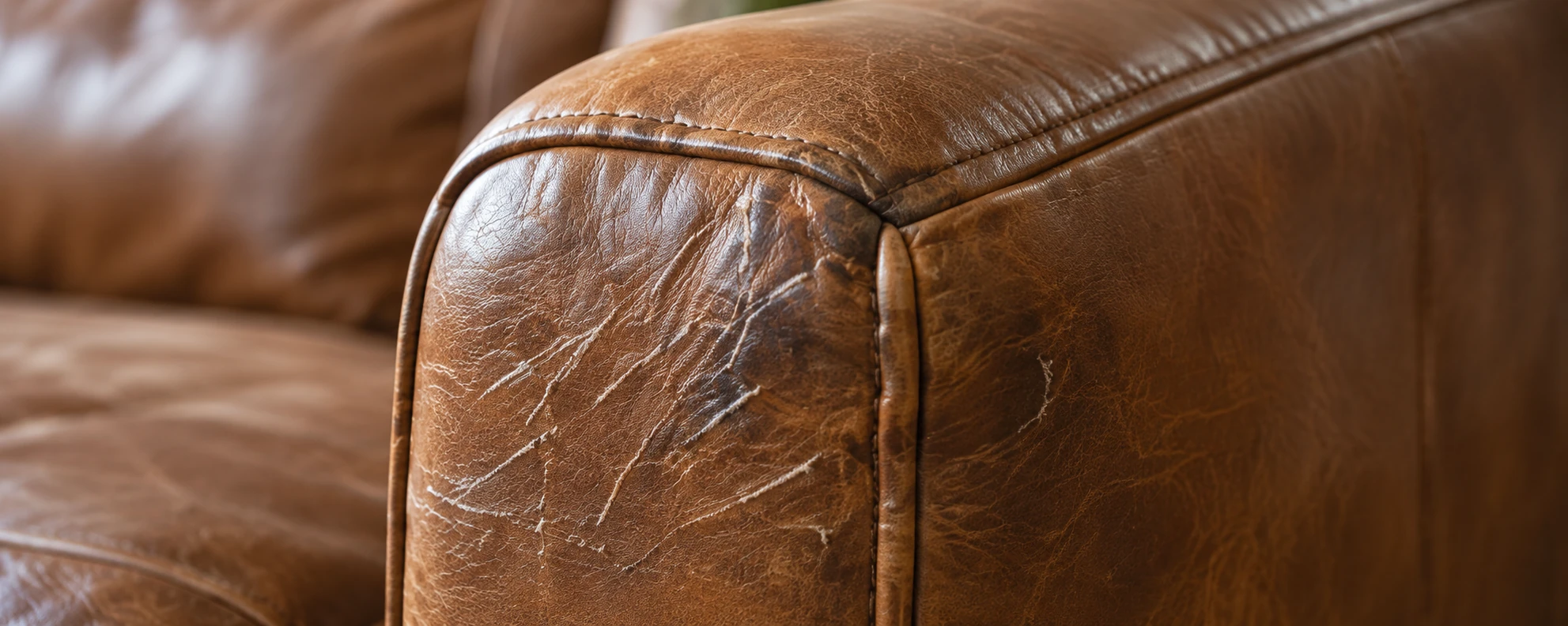 Cat scratches on a leather sofa arm