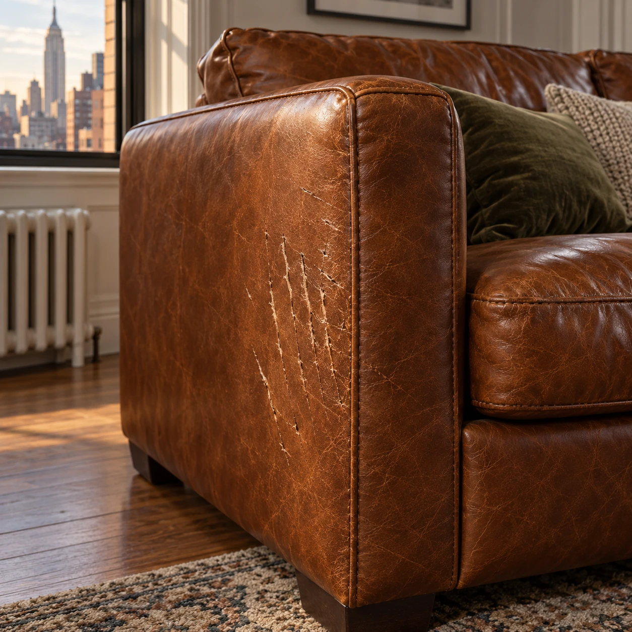 Cat scratches on the side panel of a leather sofa