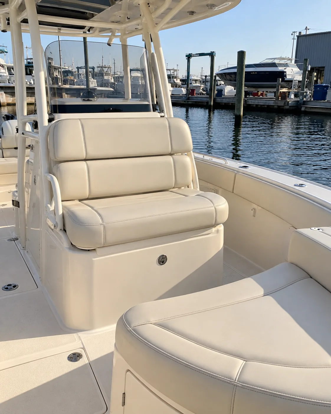 A center console boat with a leaning post and bench seating