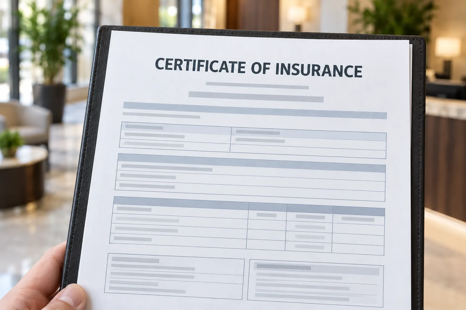 Certificate of insurance held in a building lobby before a property furniture repair visit