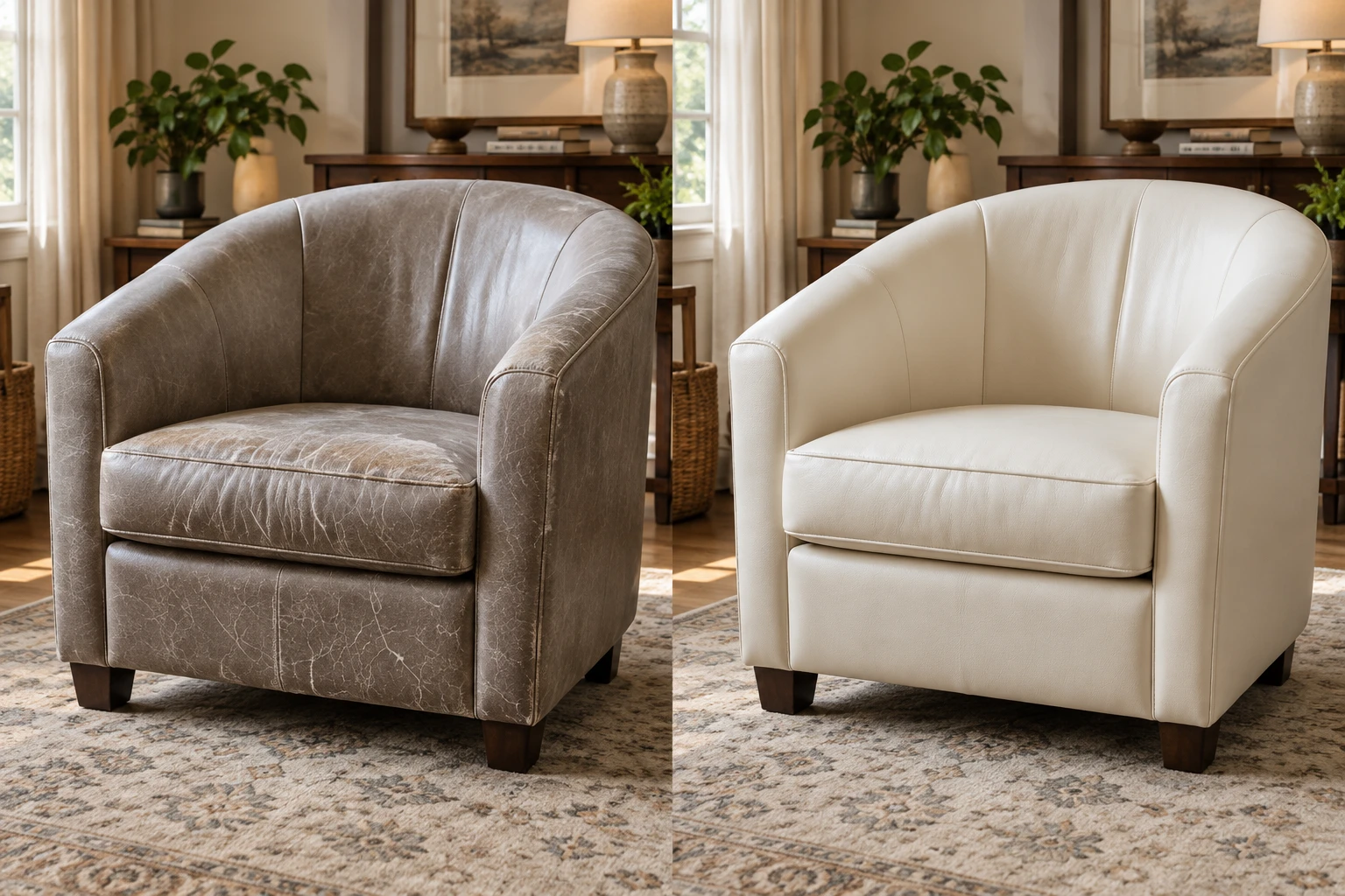 Barrel armchair before and after reupholstery