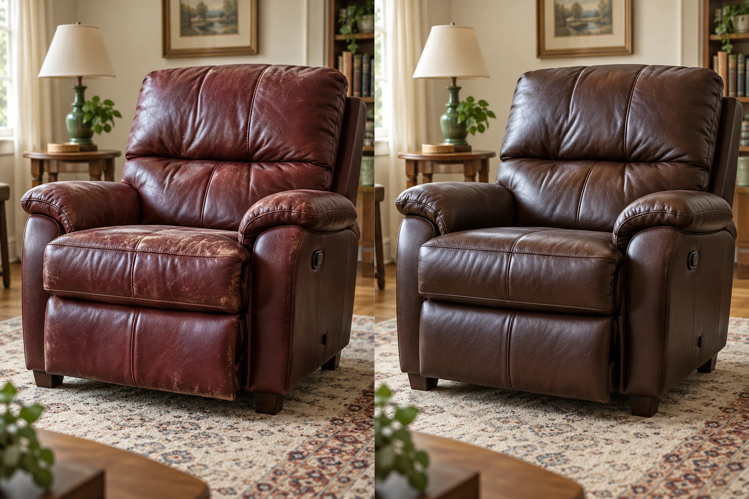 Worn recliner before and after a full recover