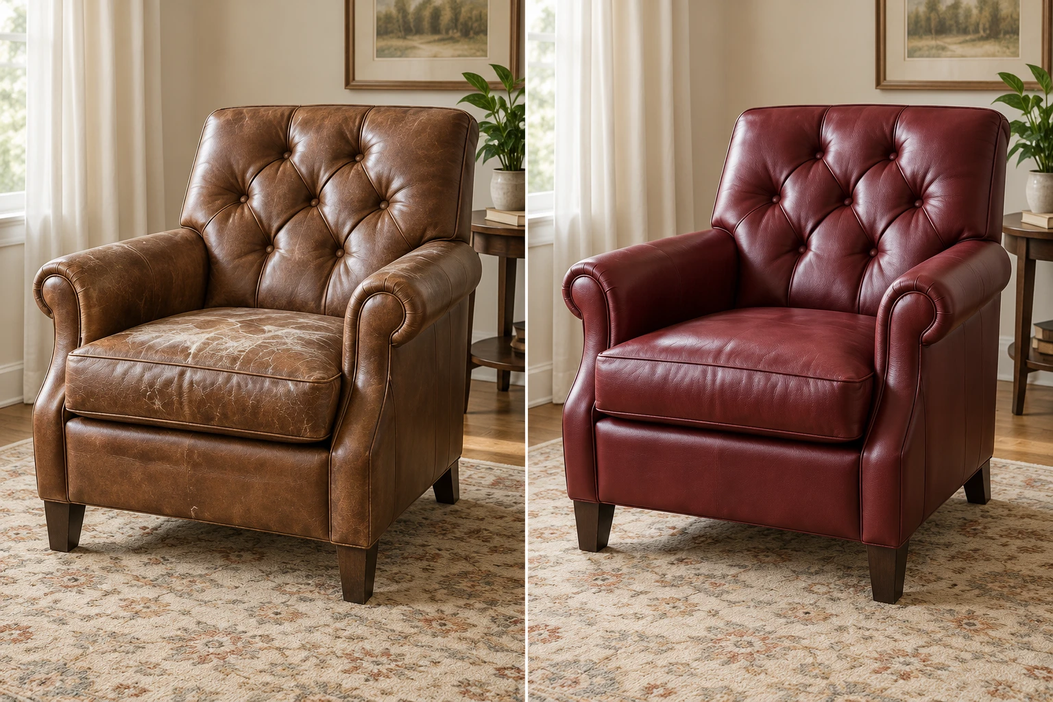 Tufted accent chair before and after reupholstery