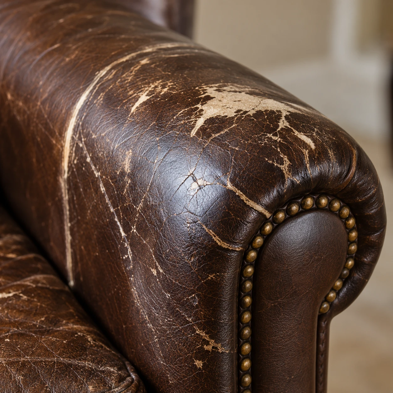 Leather arm worn through and cracked