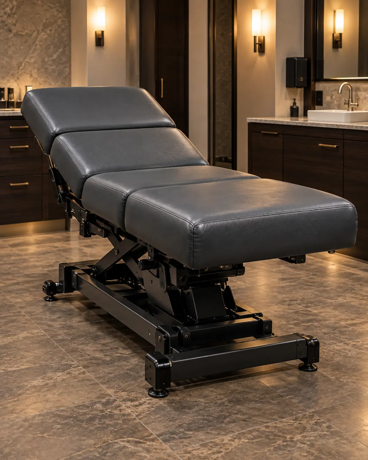 A charcoal four-section electric treatment table in a spa room
