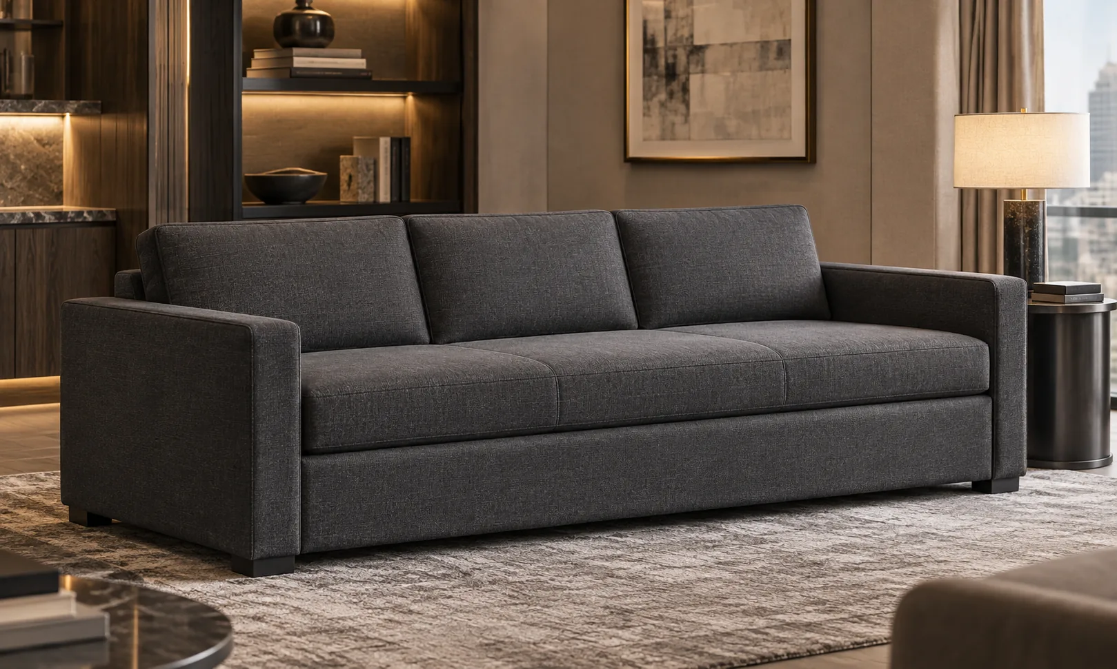 A charcoal three-seat sleeper sofa closed, in a panelled room