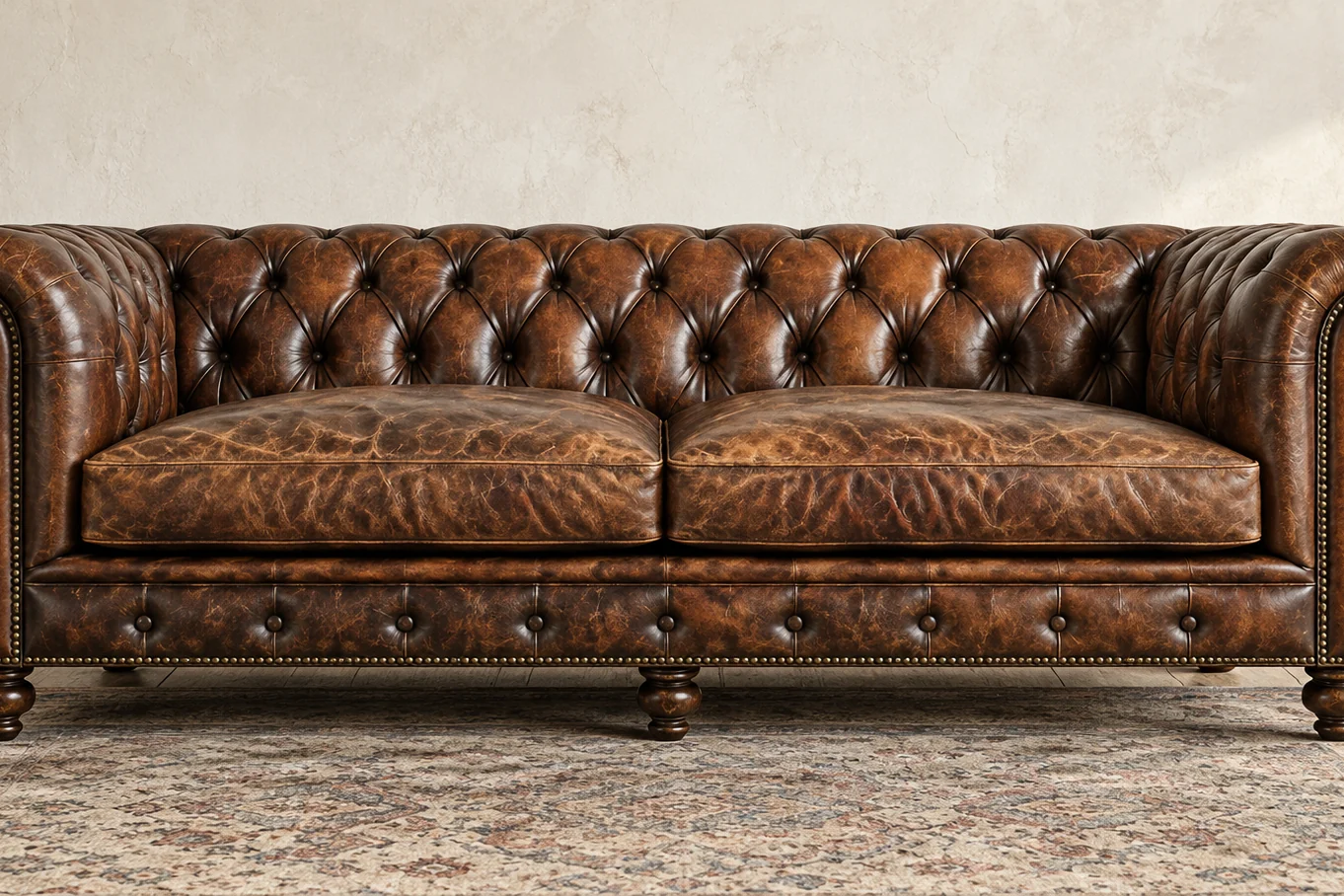 Brown buttoned Chesterfield sofa against a plain pale wall