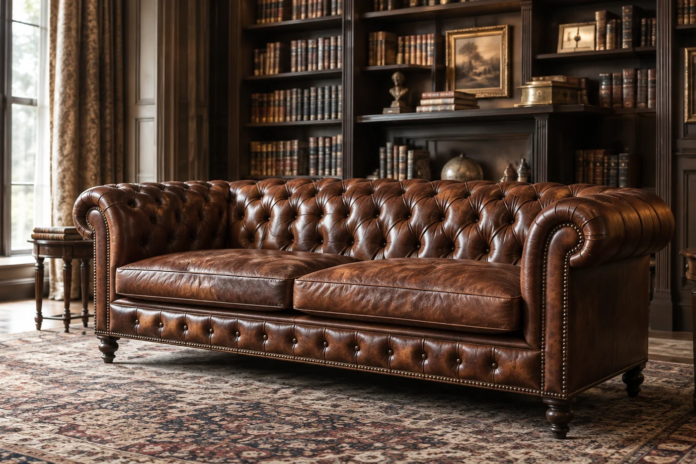 Brown leather chesterfield against bookshelves