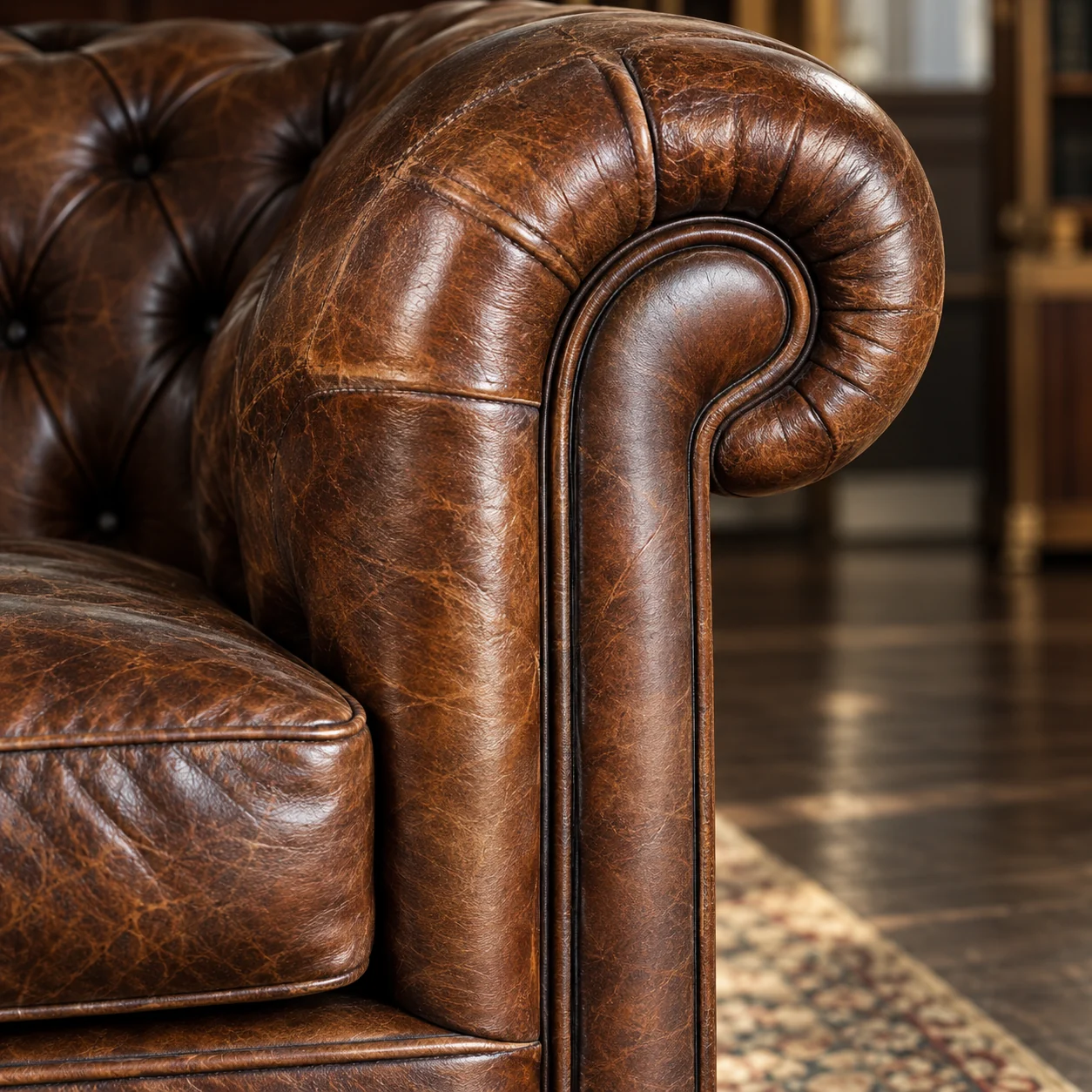 Chesterfield scroll arm in brown leather