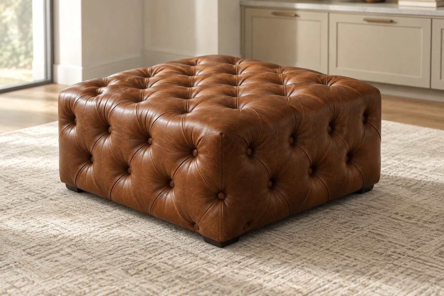 A deep-buttoned cognac chesterfield-style square leather ottoman