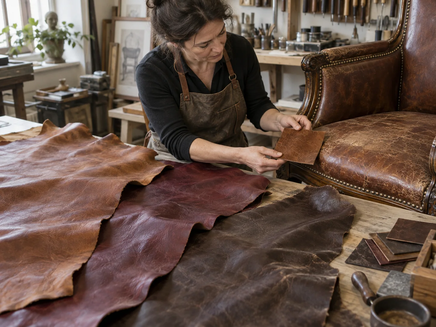 Aged leather hides laid out to choose a match for re-covering an antique chair