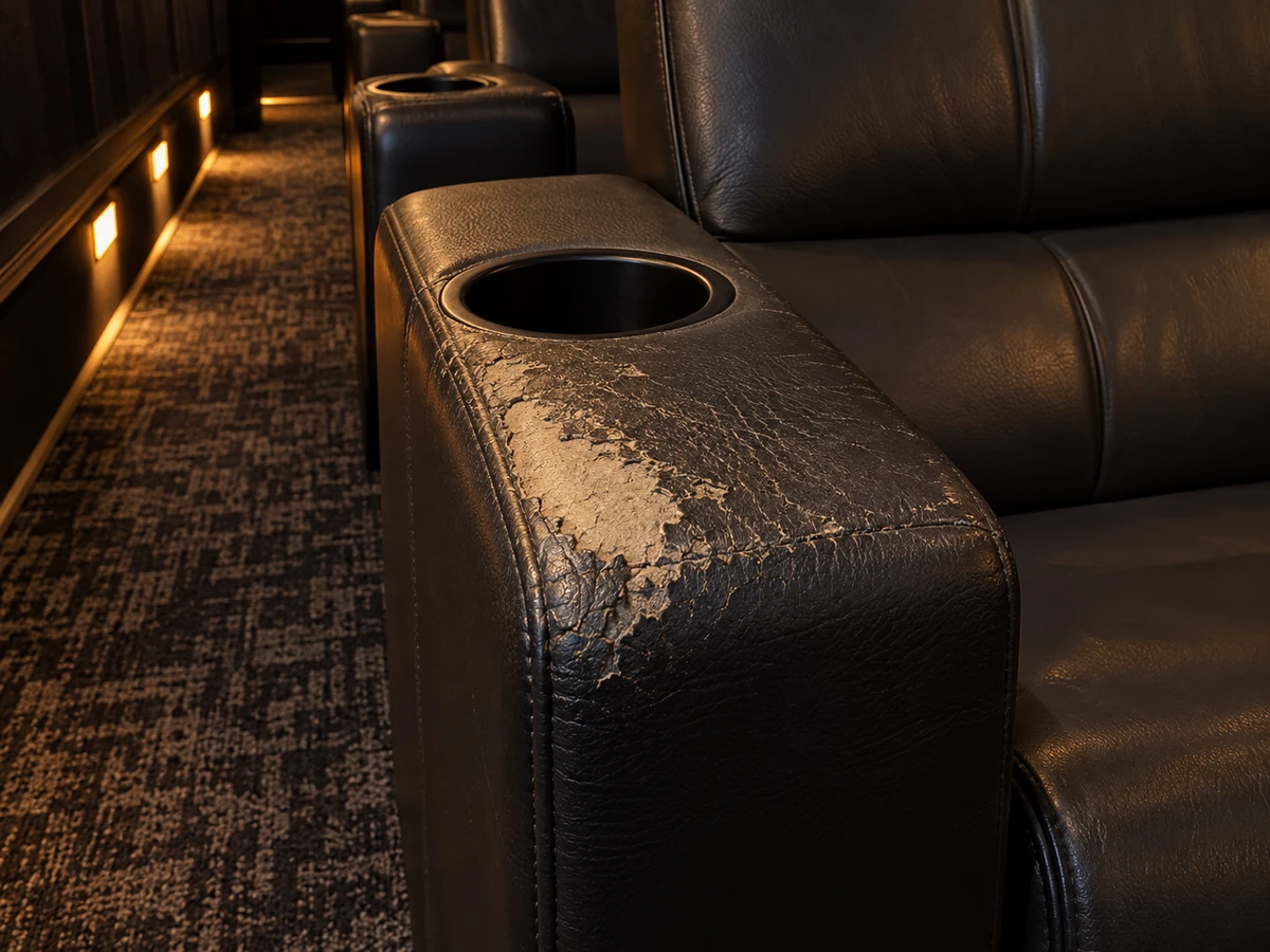 Before: a cinema recliner arm pad worn through beside its cupholder