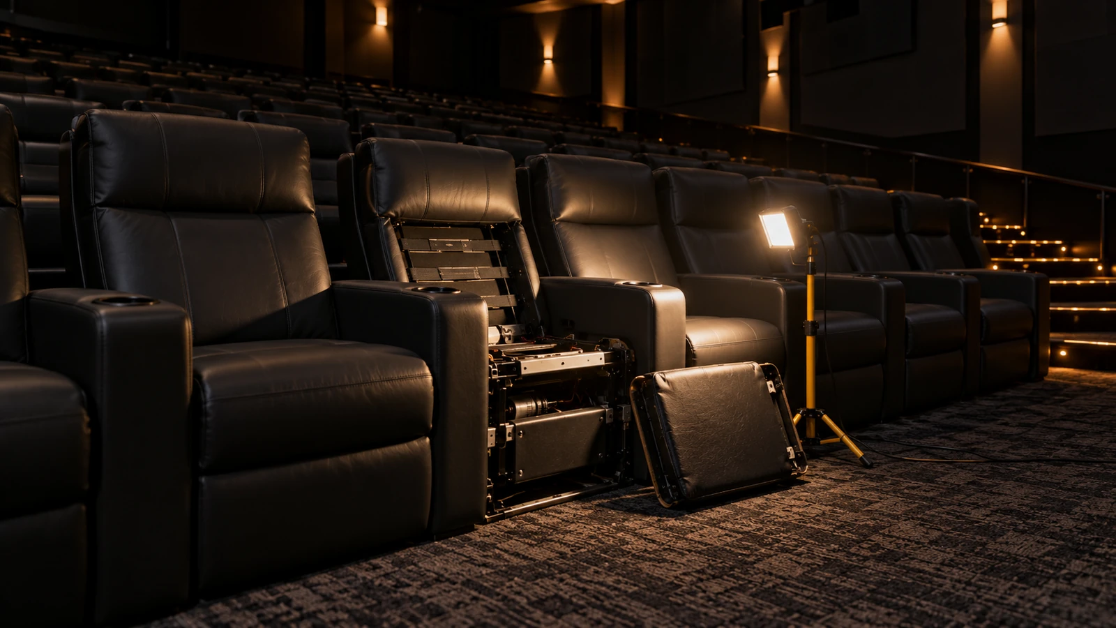 A cinema auditorium after the last show with work lights on and a row being worked
