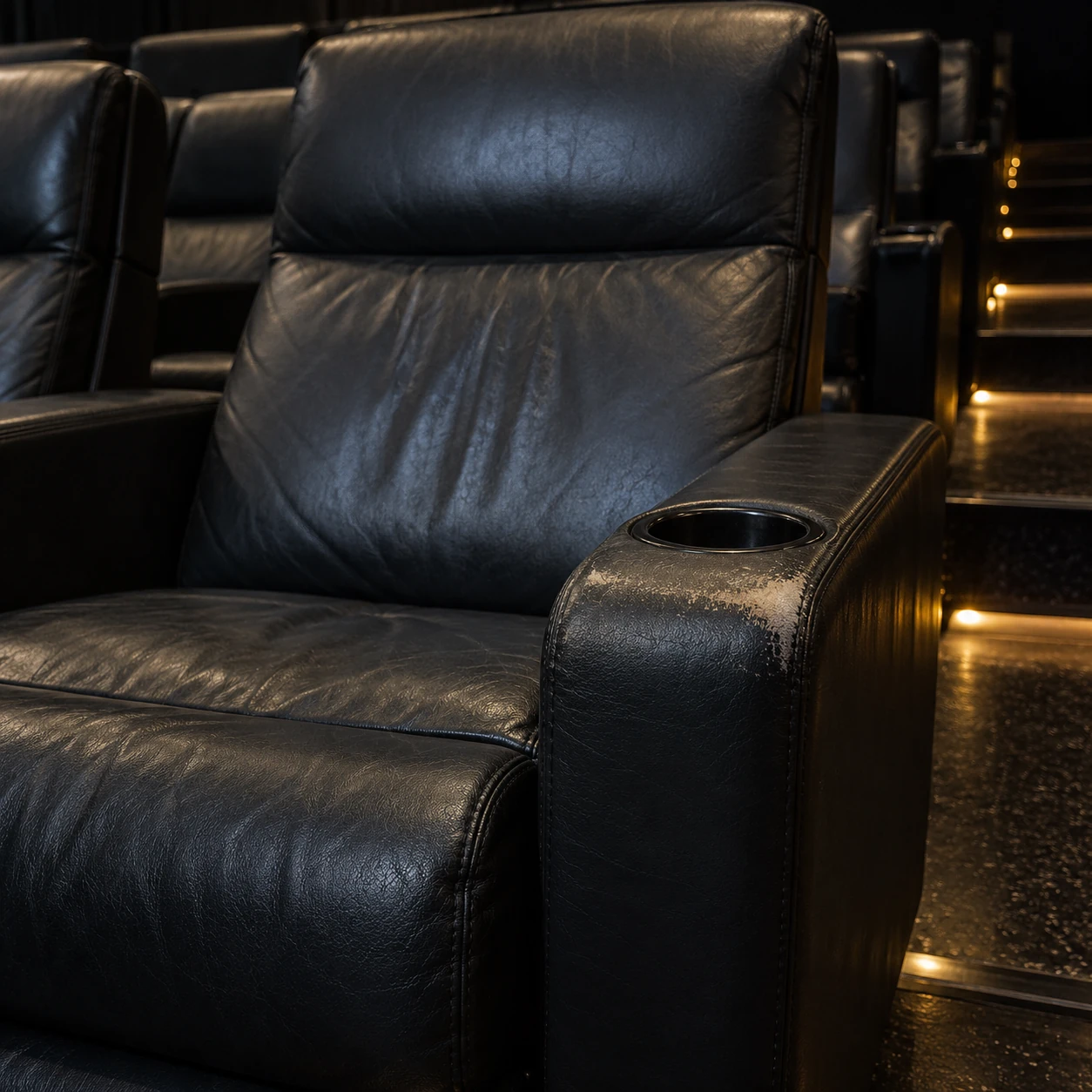 A worn arm top on a cinema recliner
