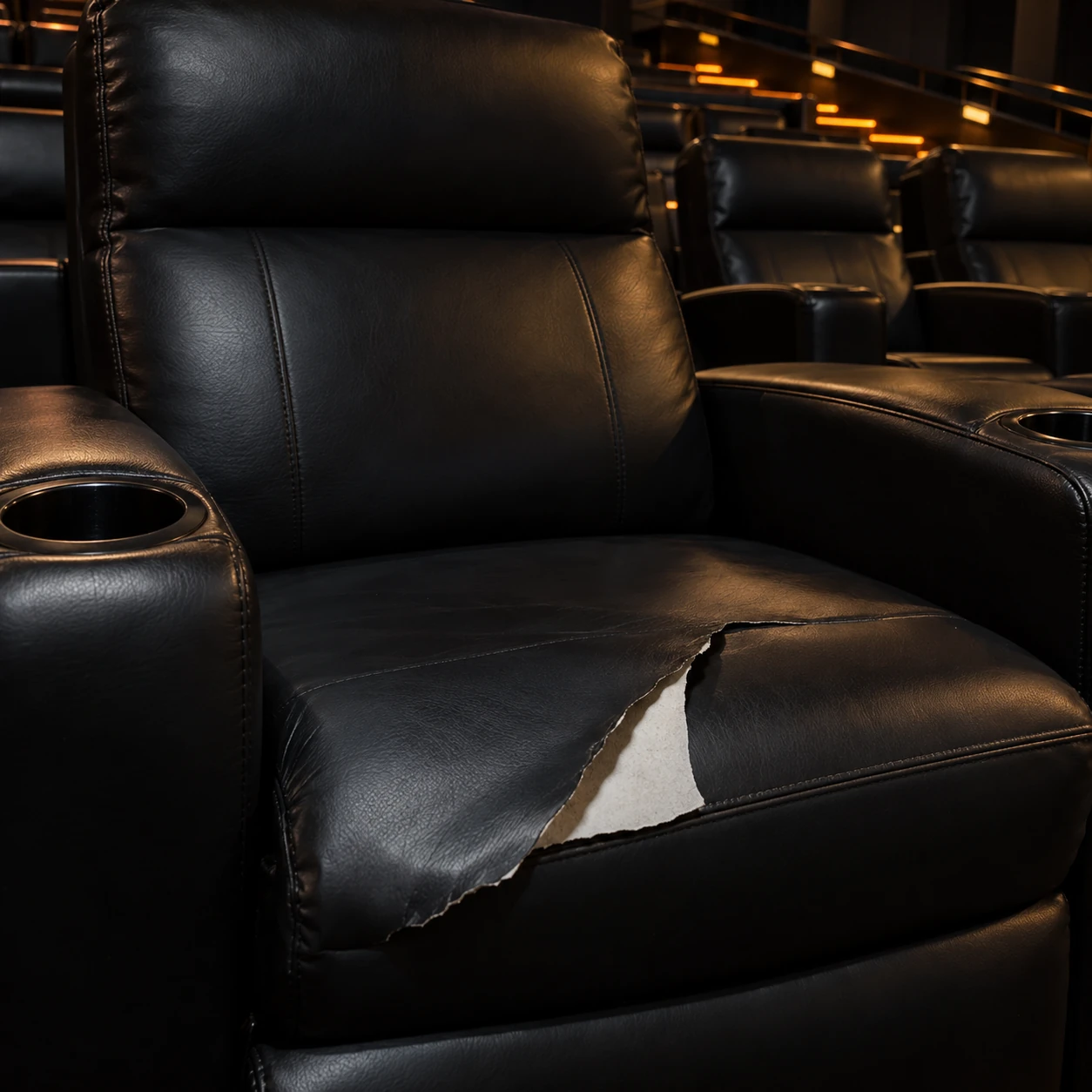 Peeling coating on a cinema recliner