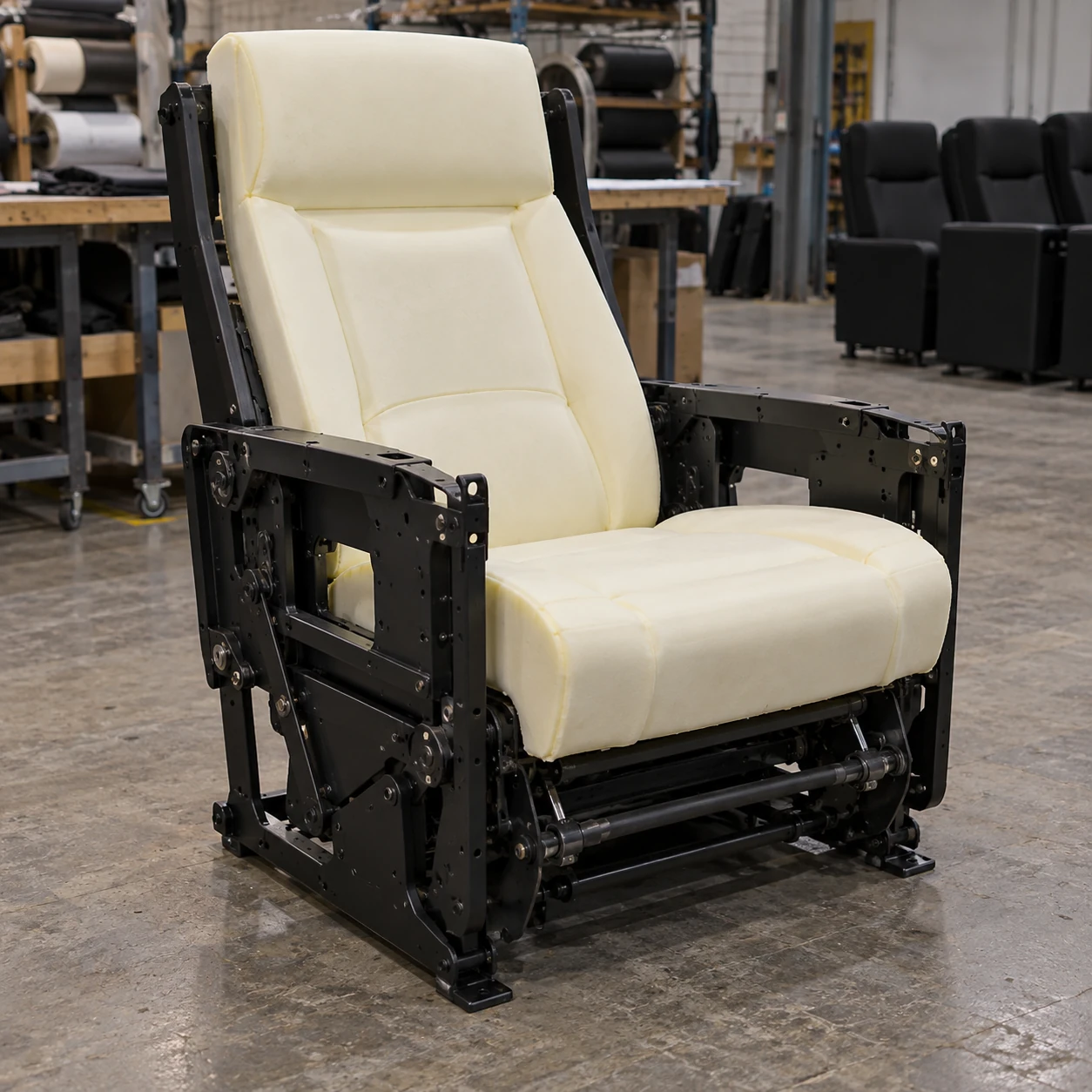A cinema recliner with its cover removed