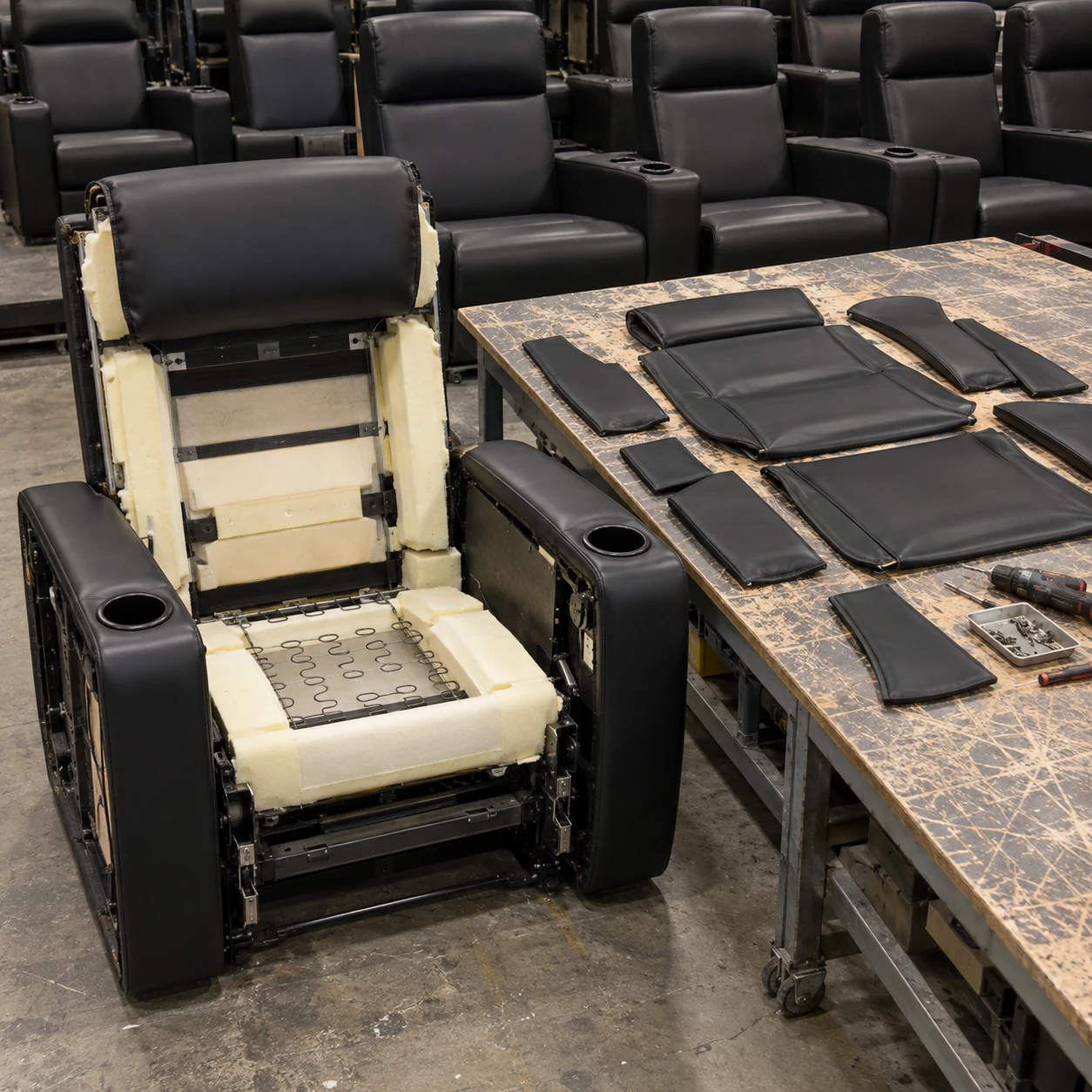 Cover panels removed from a cinema recliner