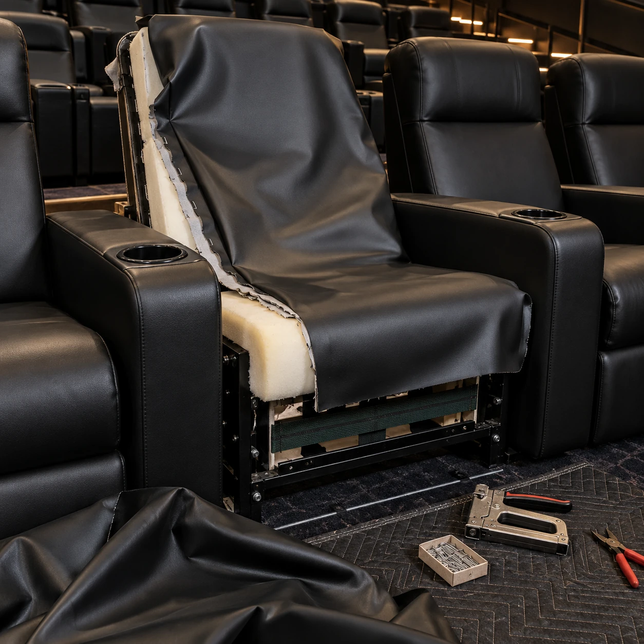 A new cover pulled over a cinema recliner frame