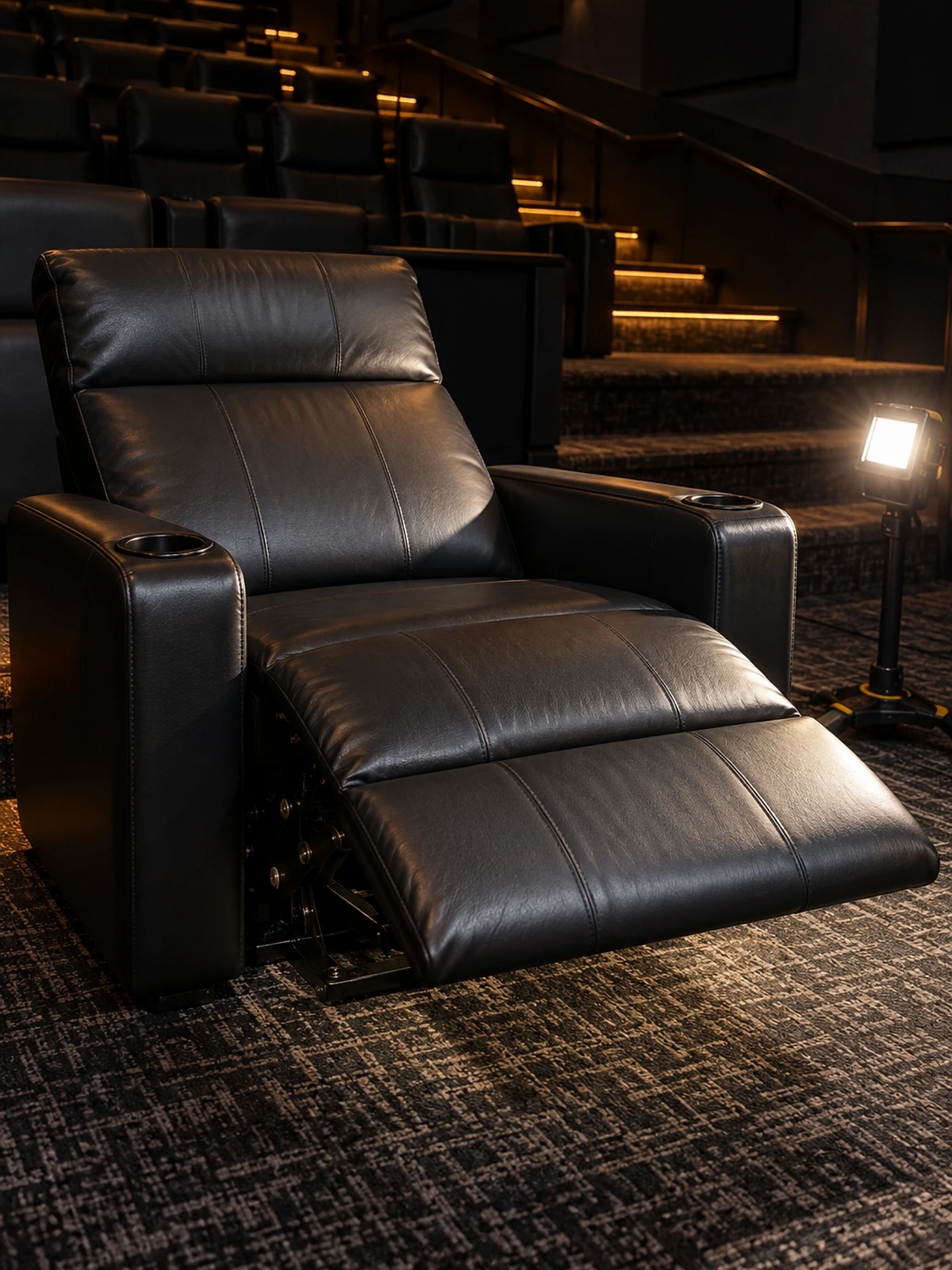 A repaired cinema recliner fully reclined during testing