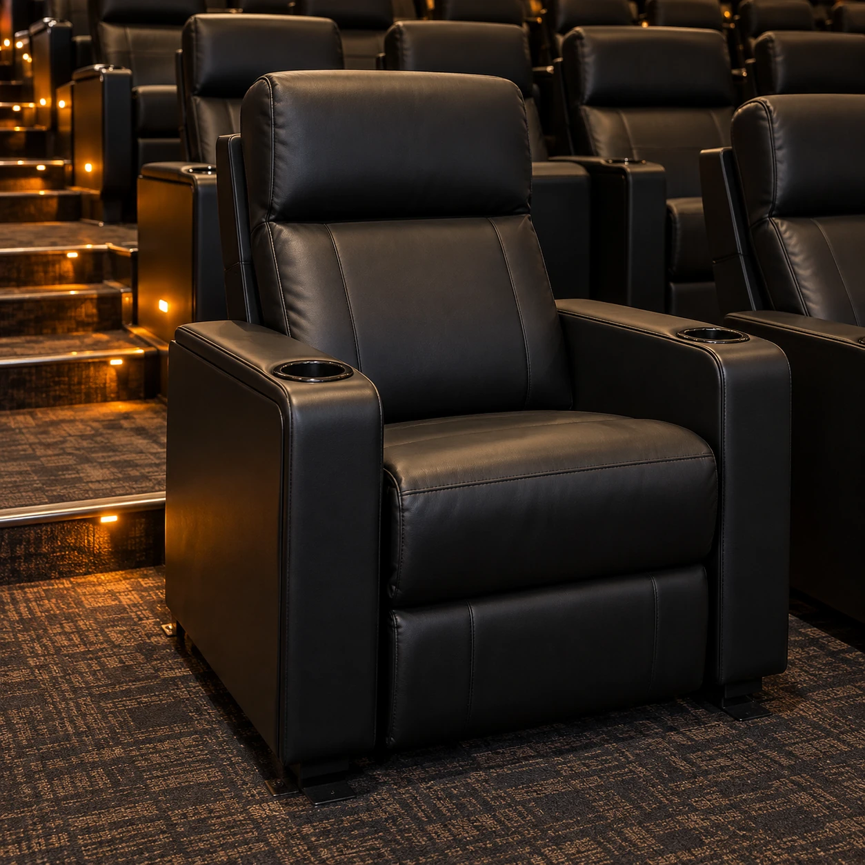 A recovered cinema recliner checked upright