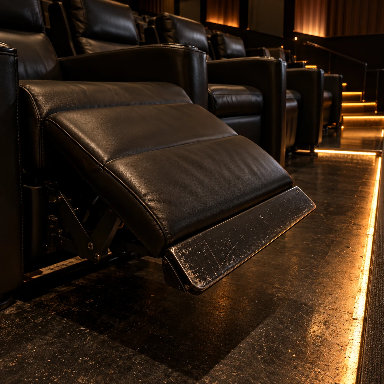 A scuffed footplate on a cinema recliner
