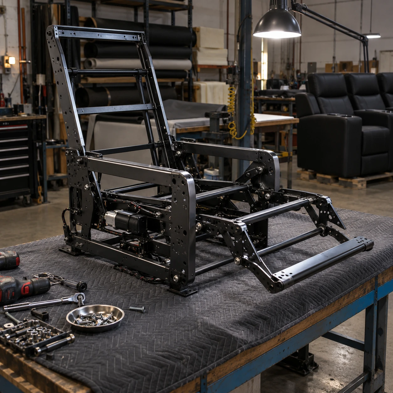 A cinema recliner frame under inspection