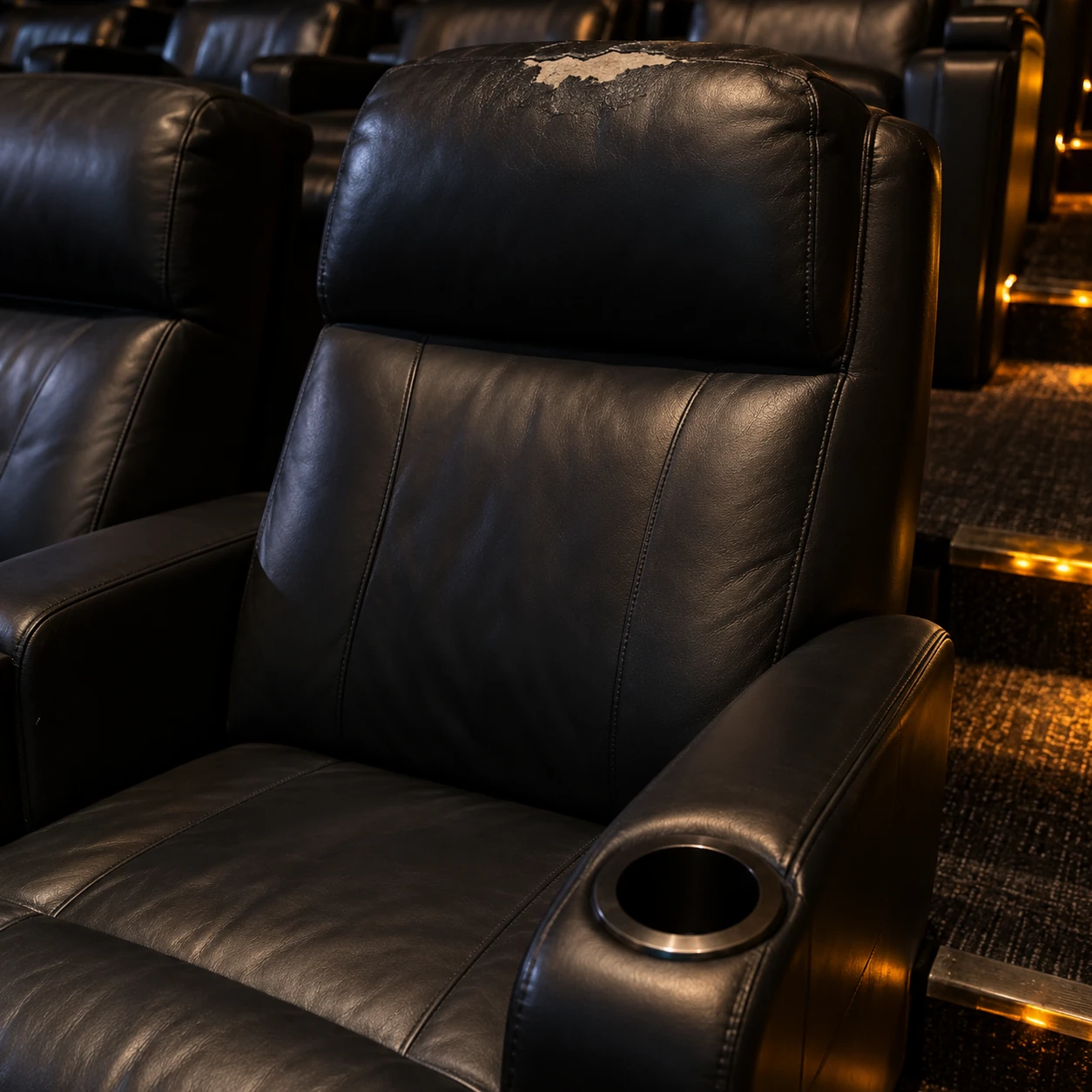 A worn cinema recliner headrest before recovering