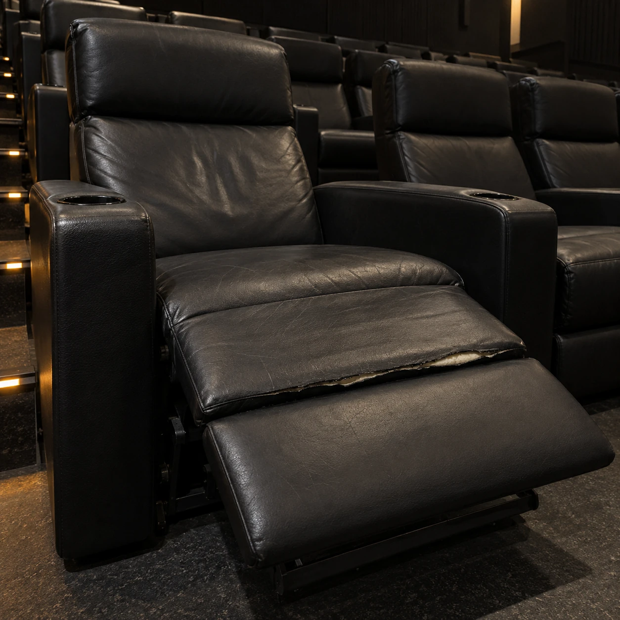 A torn legrest nose on a cinema recliner