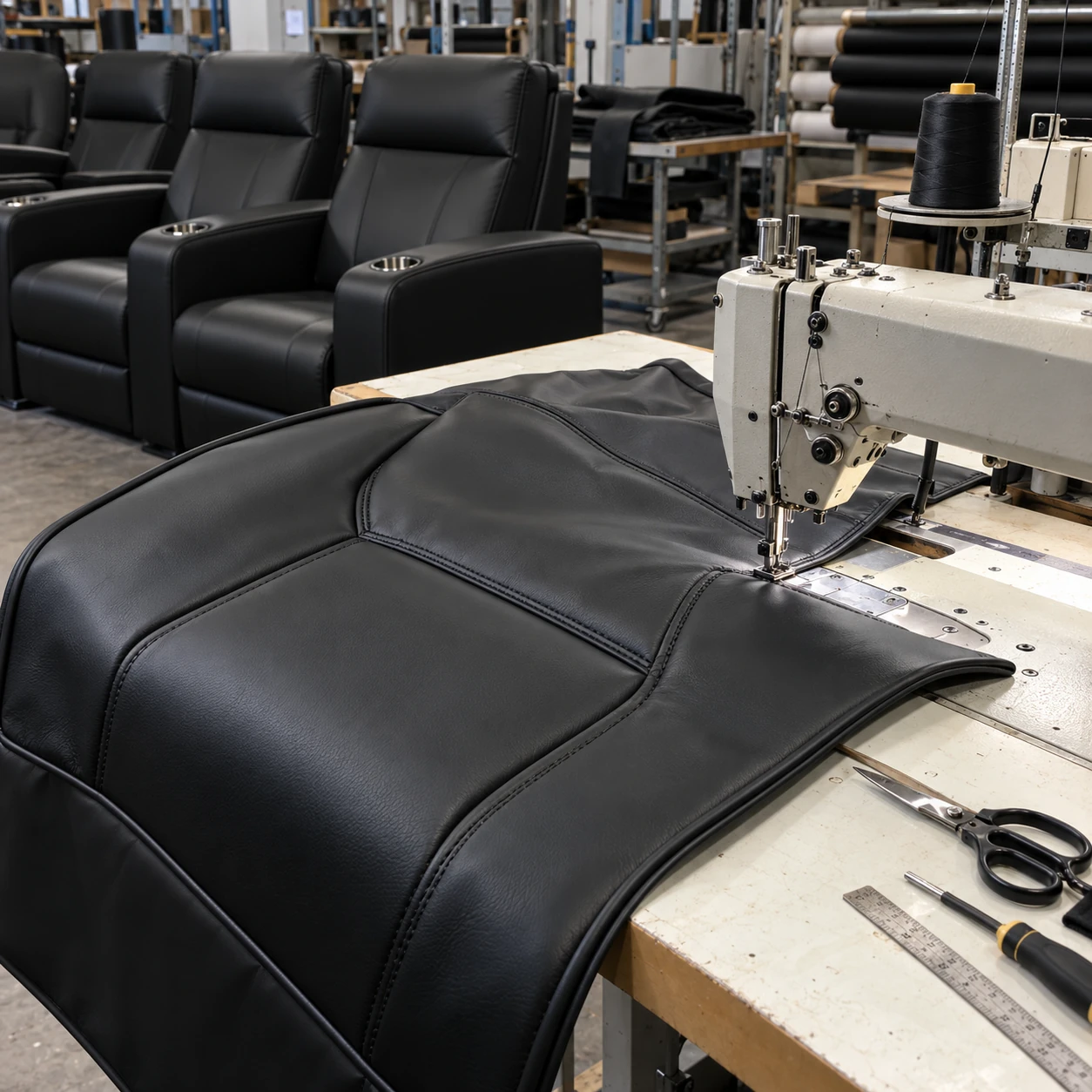 A new cover being stitched for a cinema recliner