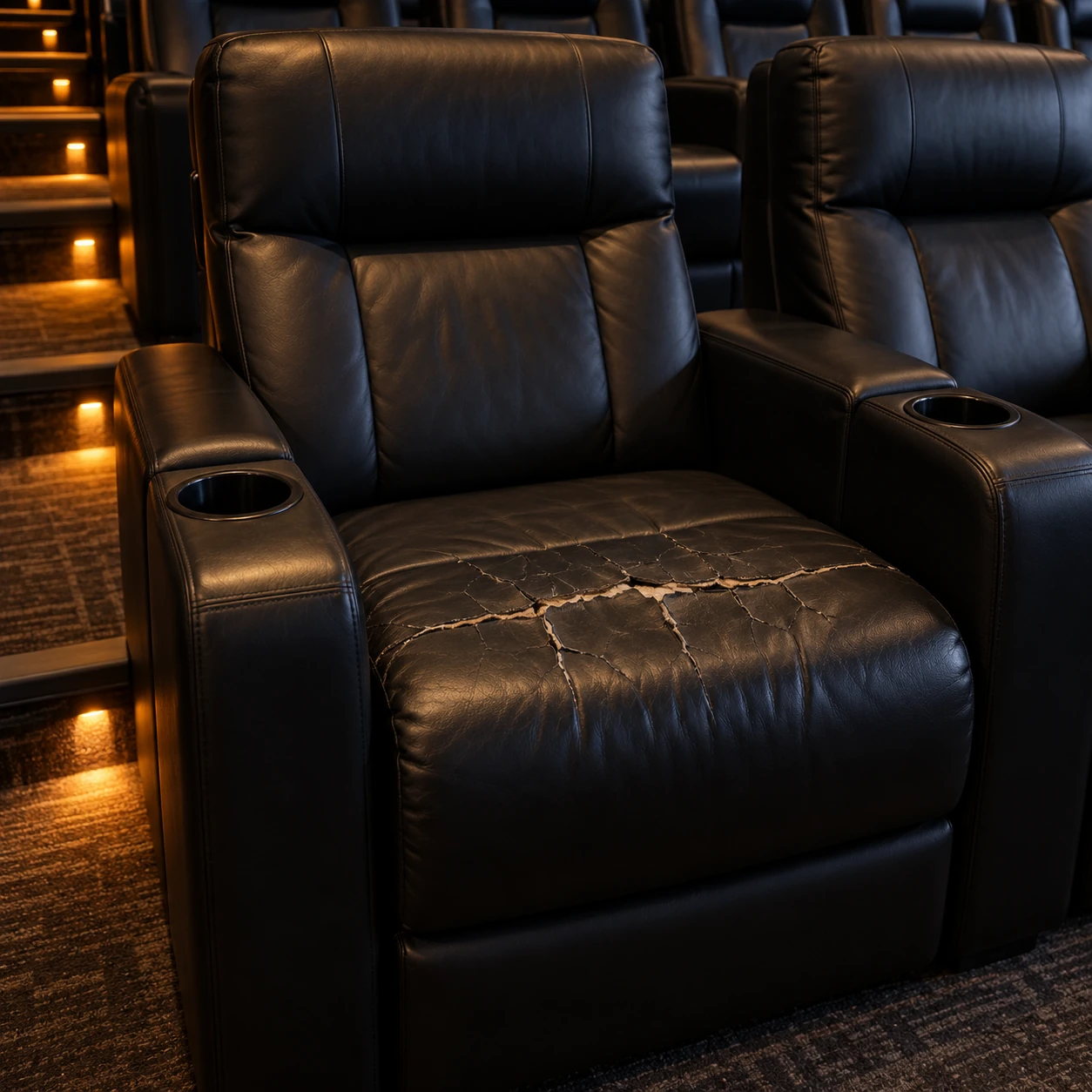 A cracked cinema recliner seat before recovering
