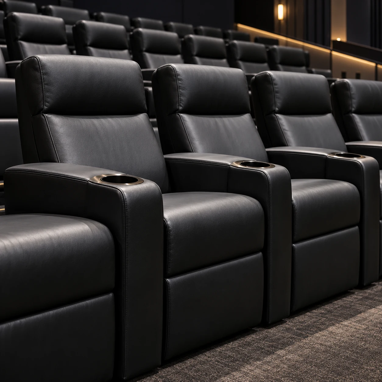 Rows of black leather cinema recliners with cup holders in a screening room