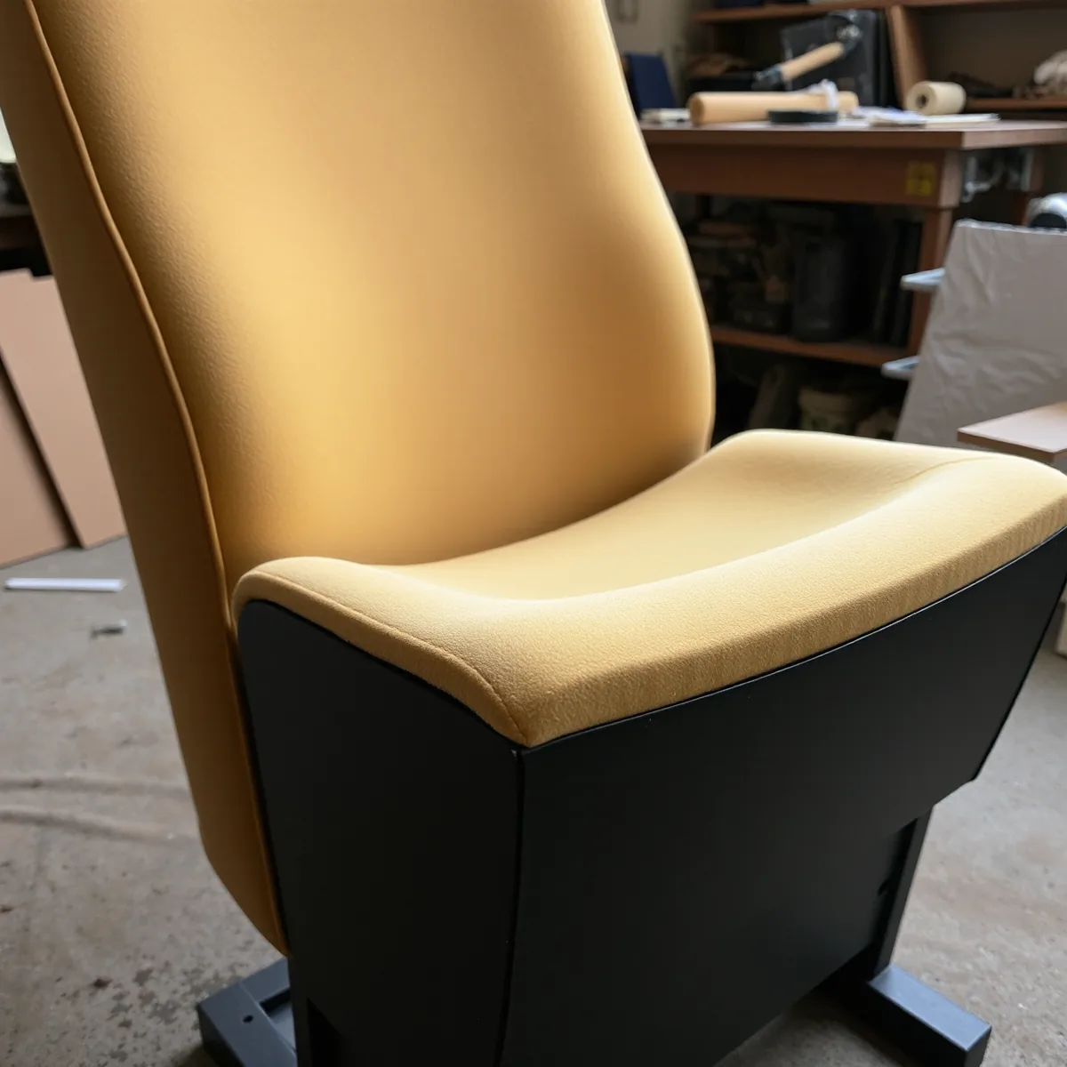 Auditorium seat recovered in pale yellow upholstery on its black shell and pedestal base in the workshop