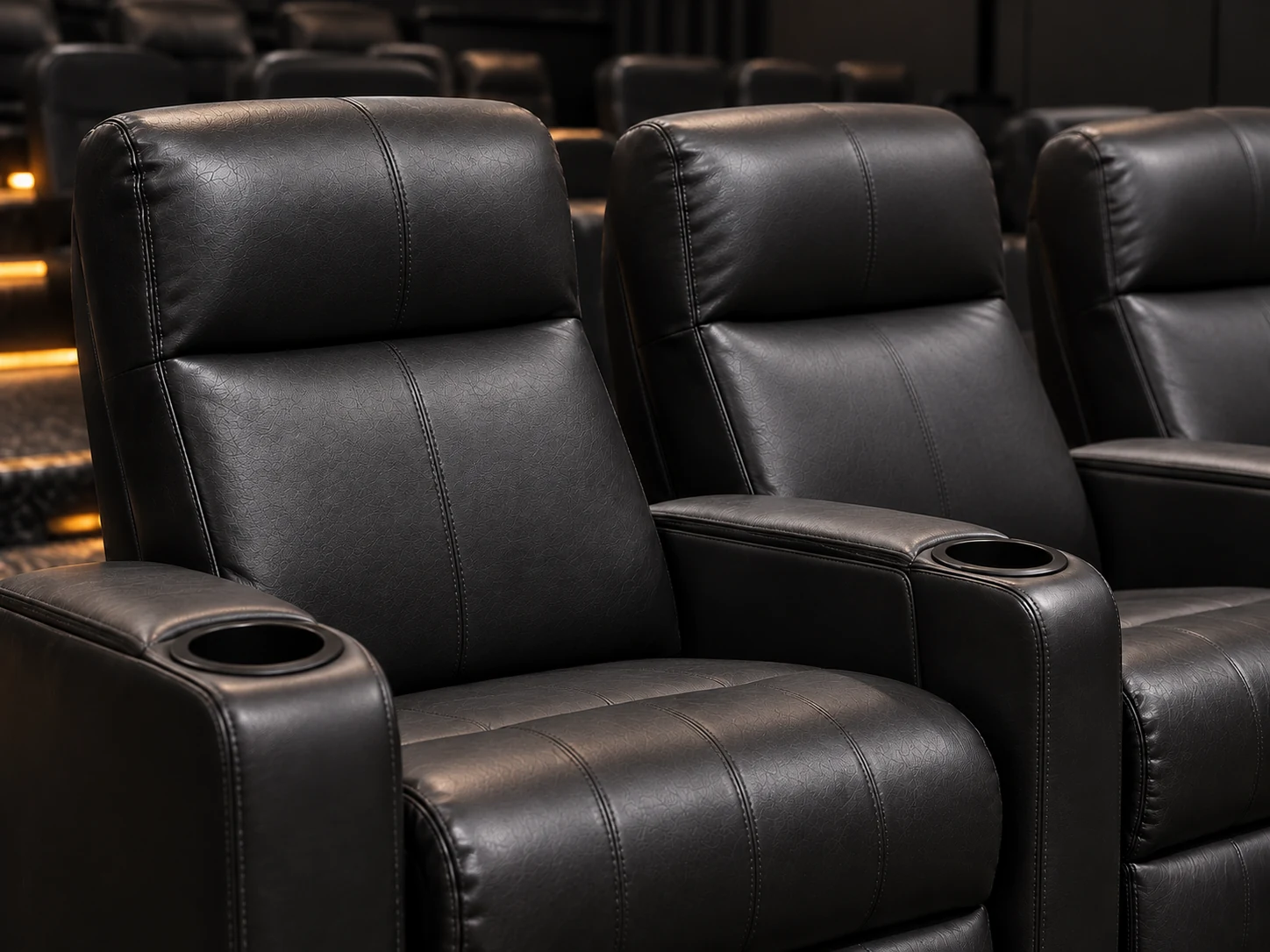 After: the same cinema recliners recovered in black upholstery
