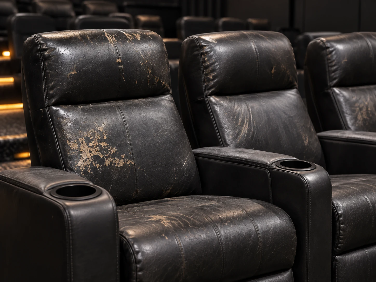 Before: cracked and peeling black leather on cinema recliners