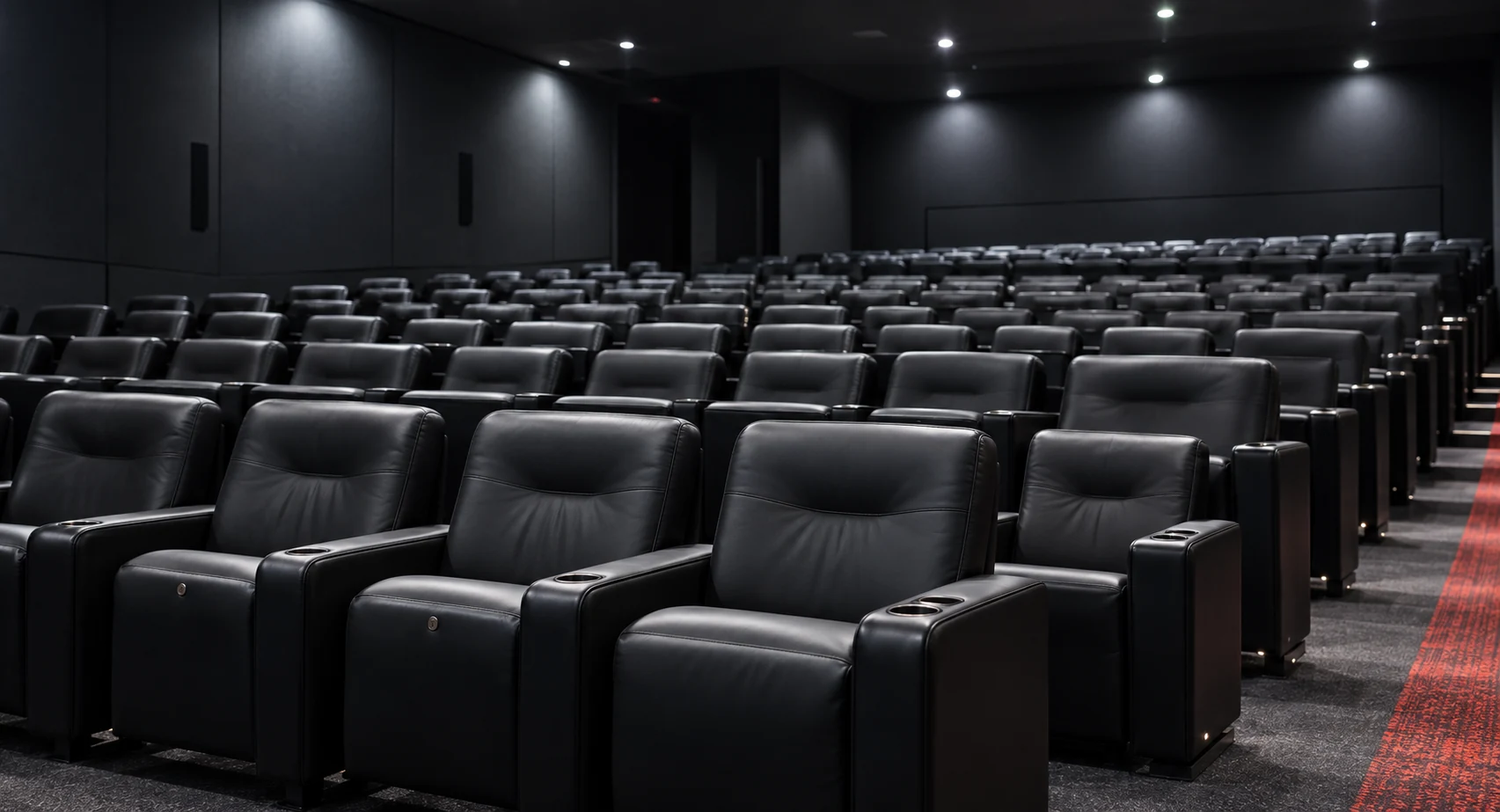 Rows of black powered recliners in a dark cinema screening room