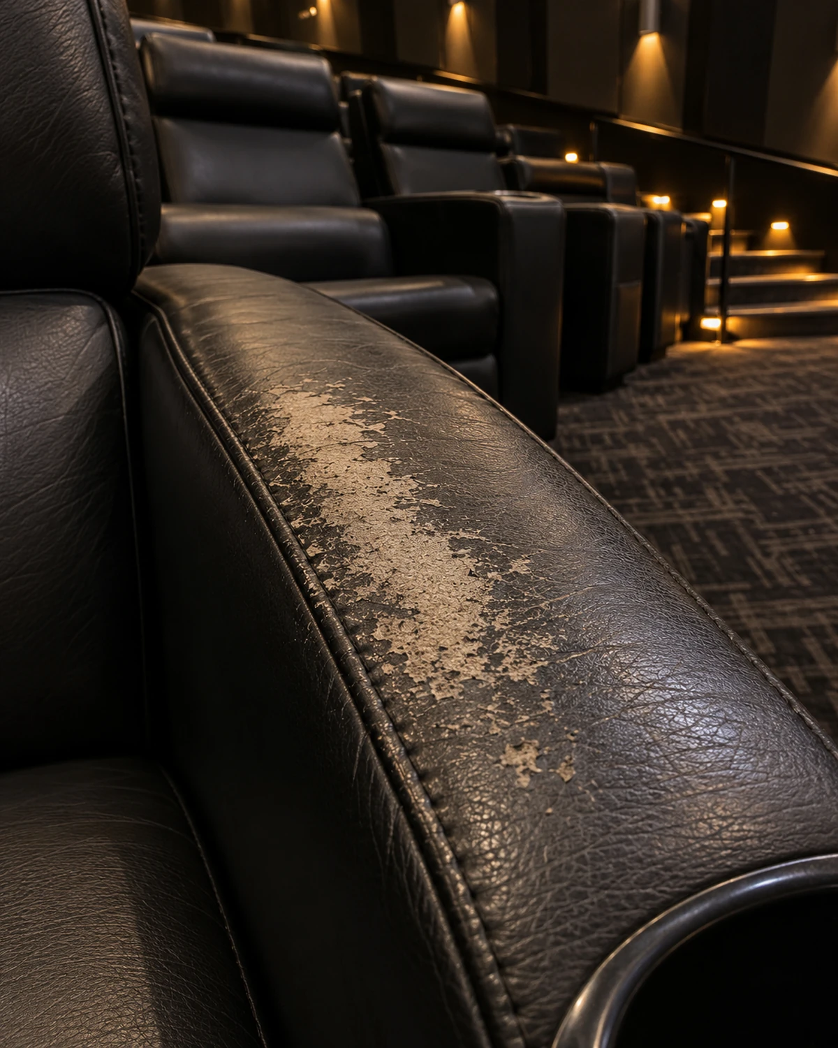A cinema recliner arm pad worn through at its top