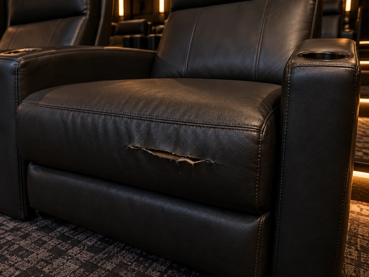 Before: a cinema recliner with a split across the seat cushion face