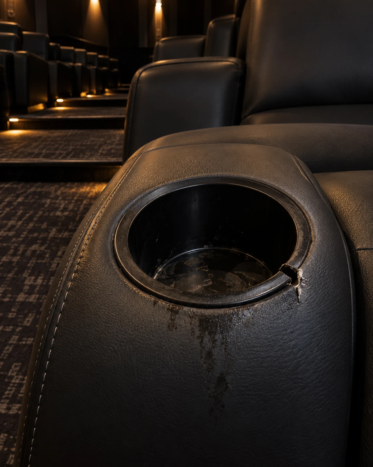 A damaged cupholder surround on a cinema recliner arm