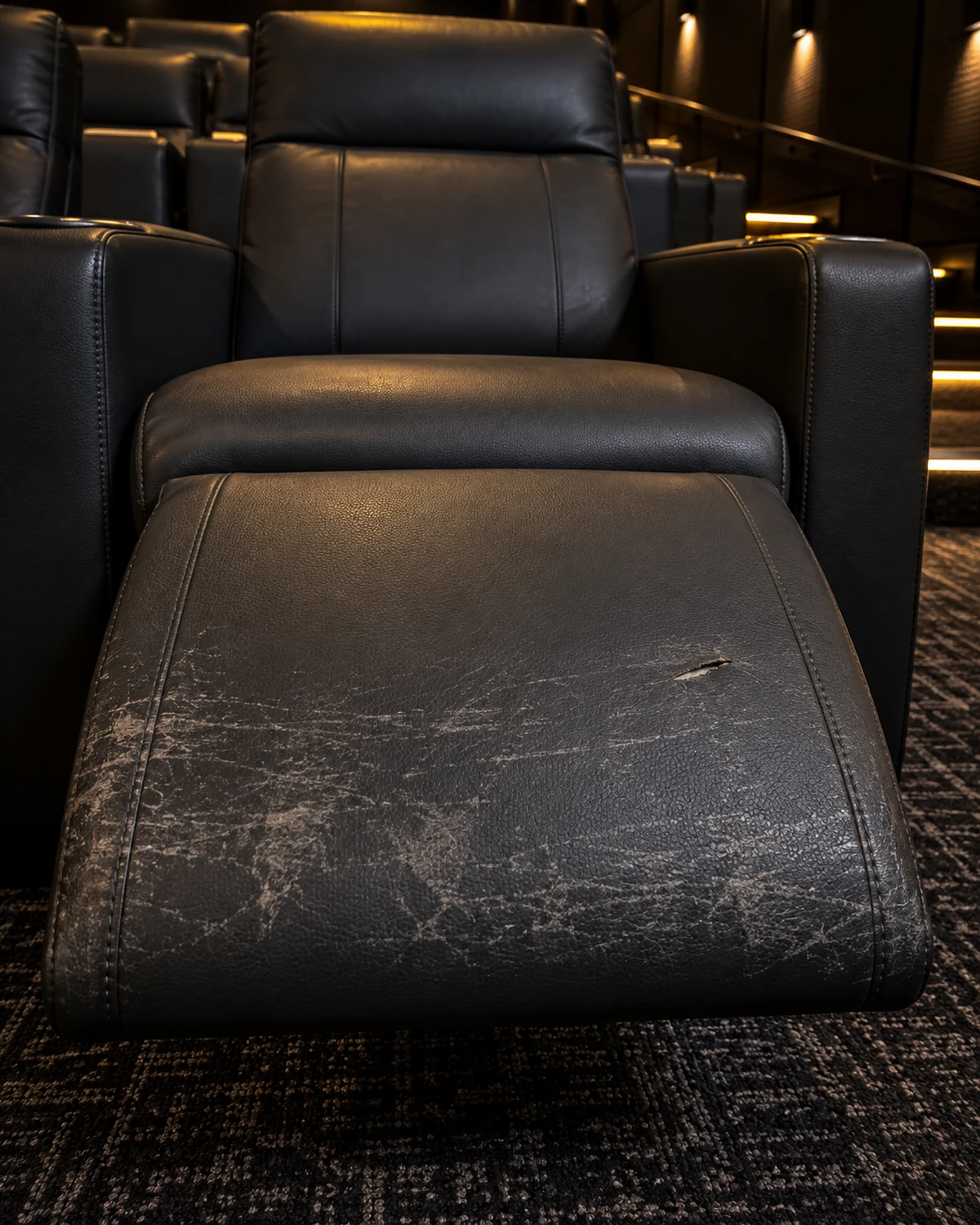 A cinema recliner footrest scuffed across its face with a small gouge near the seam